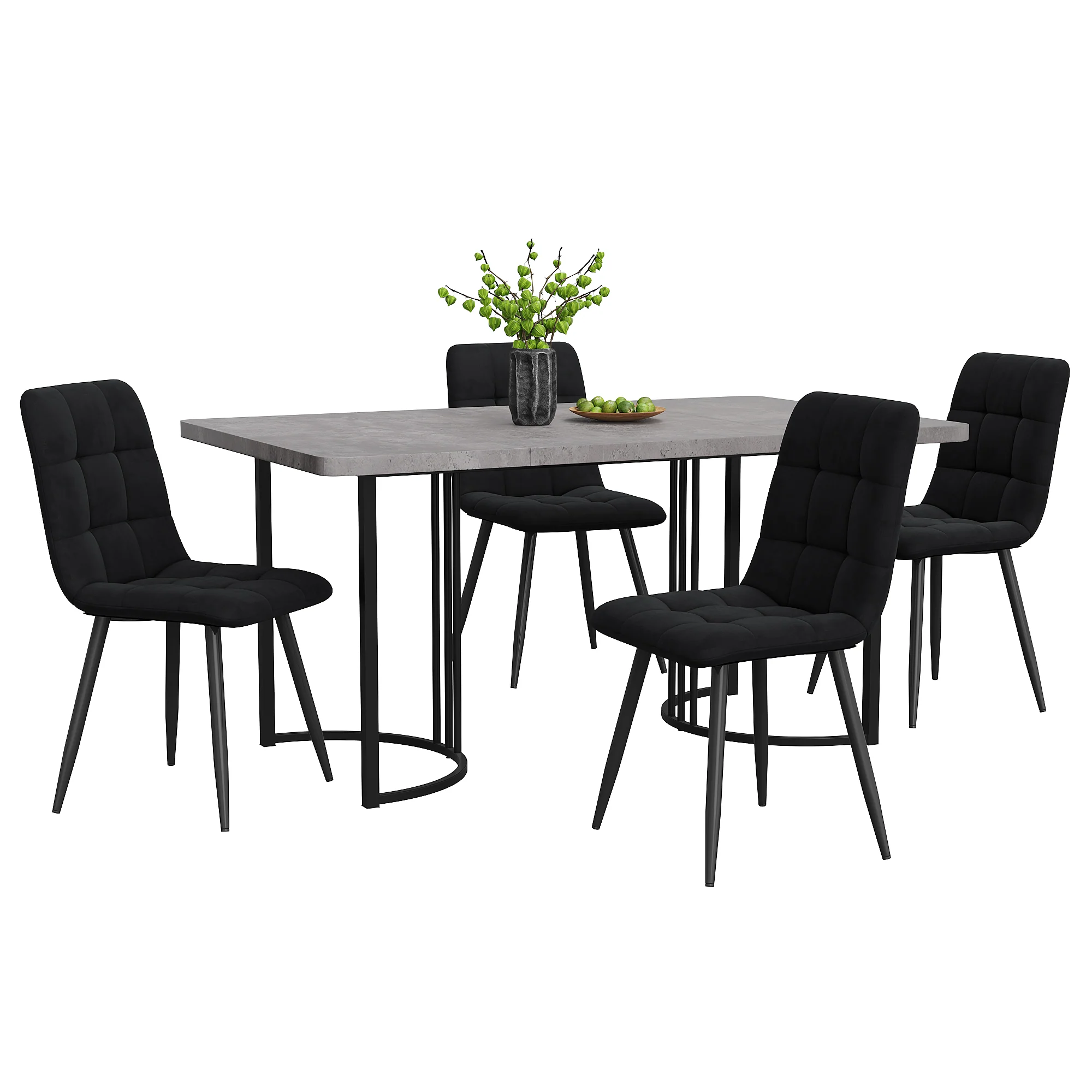 Dining Set 5-Piece, Modern 140x80cm Table Black Metal Legs & 4 Velvet Chairs, Grey/Black MDF - Image 3