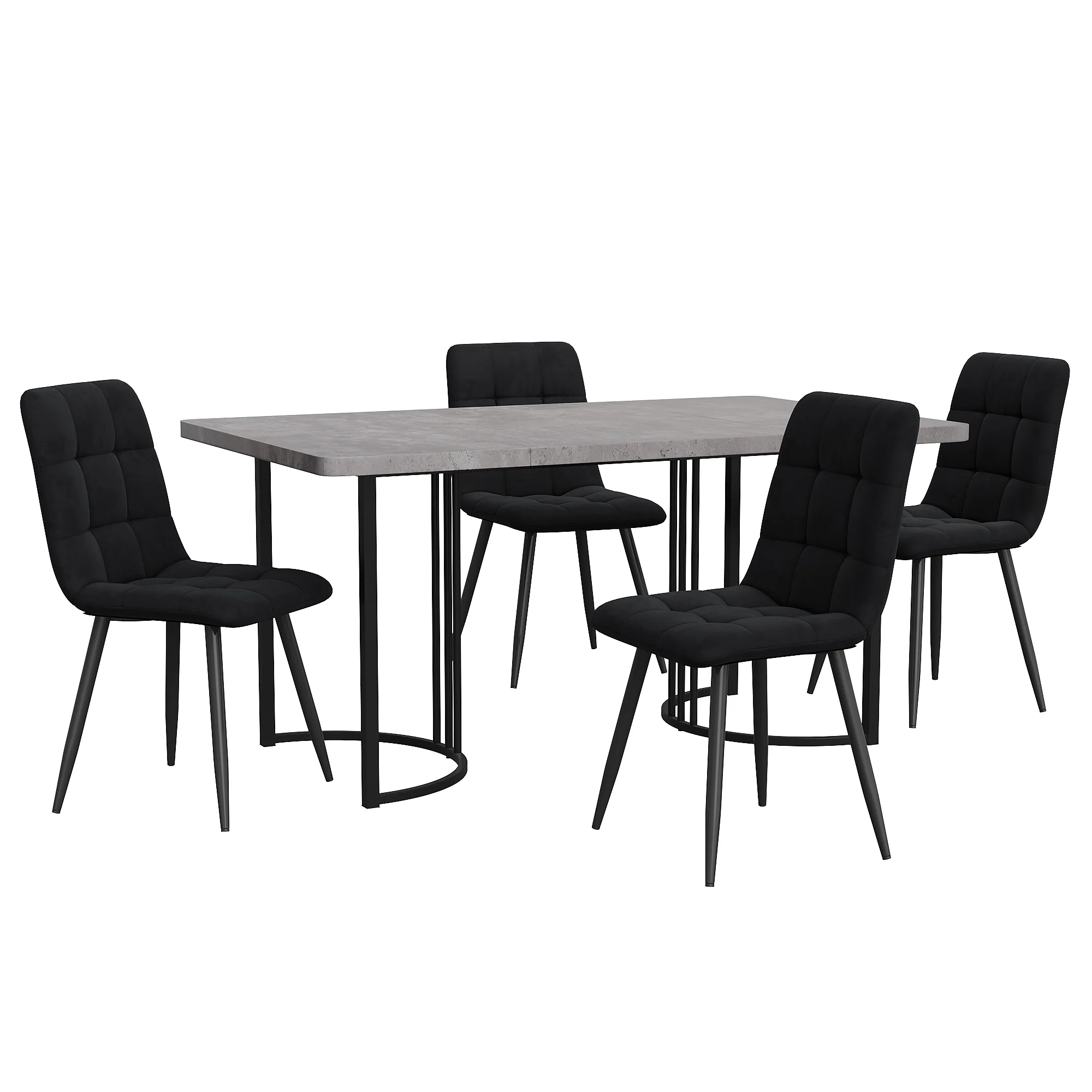 Dining Set 5-Piece, Modern 140x80cm Table Black Metal Legs & 4 Velvet Chairs, Grey/Black MDF - Image 4