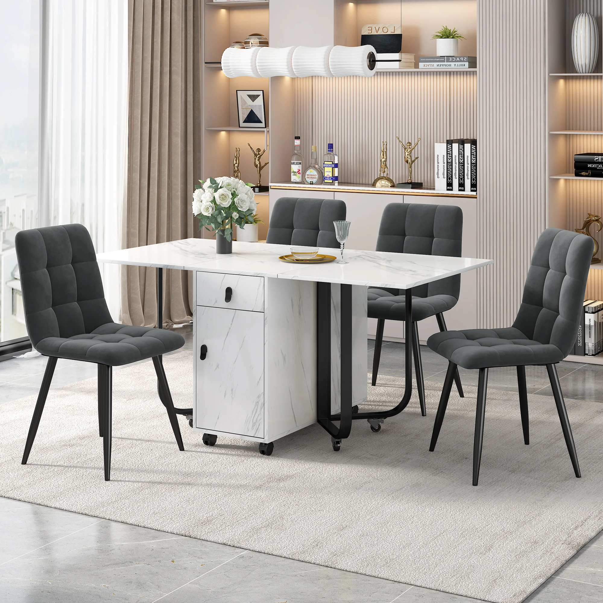 Dining Set Folding 5-Piece 150x80cm Table & 4 Upholstered Chairs Dark Grey Velvet/White MDF Black Legs
