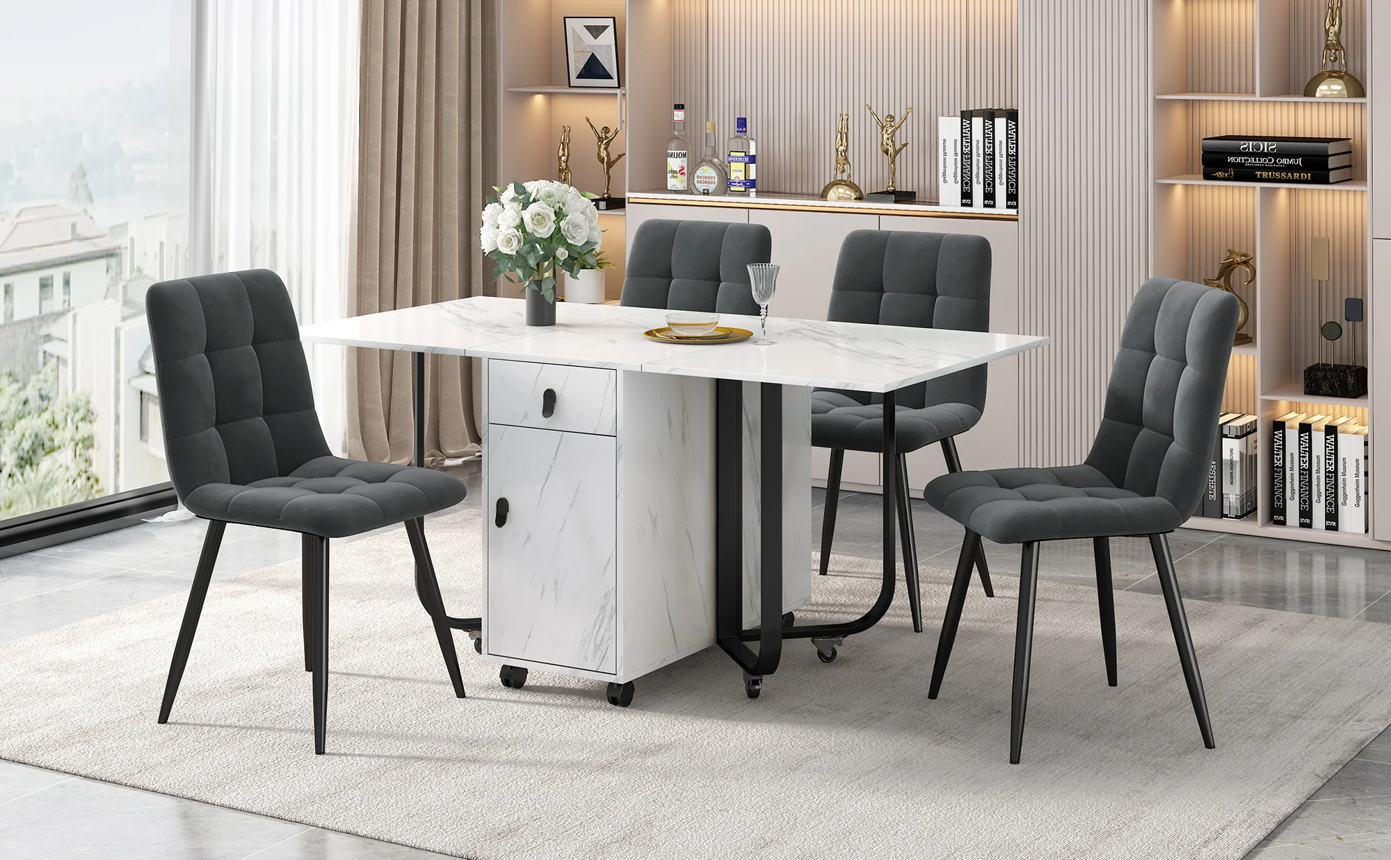 Dining Set Folding 5-Piece 150x80cm Table & 4 Upholstered Chairs Dark Grey Velvet/White MDF Black Legs - Image 2