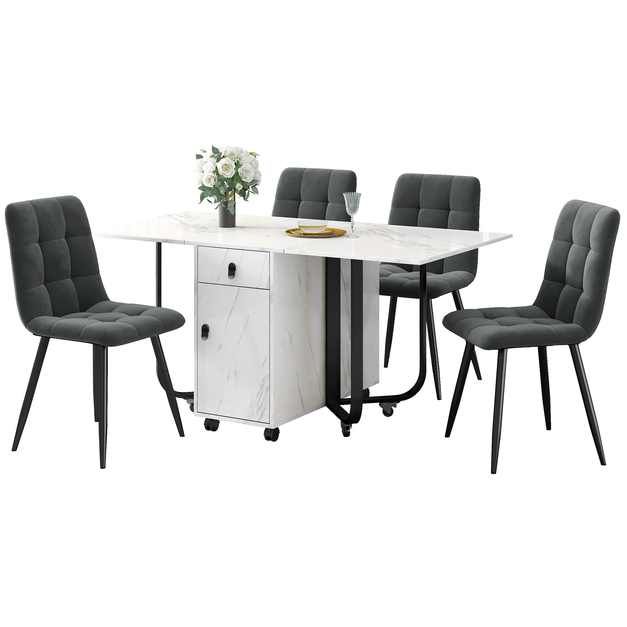 Dining Set Folding 5-Piece 150x80cm Table & 4 Upholstered Chairs Dark Grey Velvet/White MDF Black Legs - Image 3