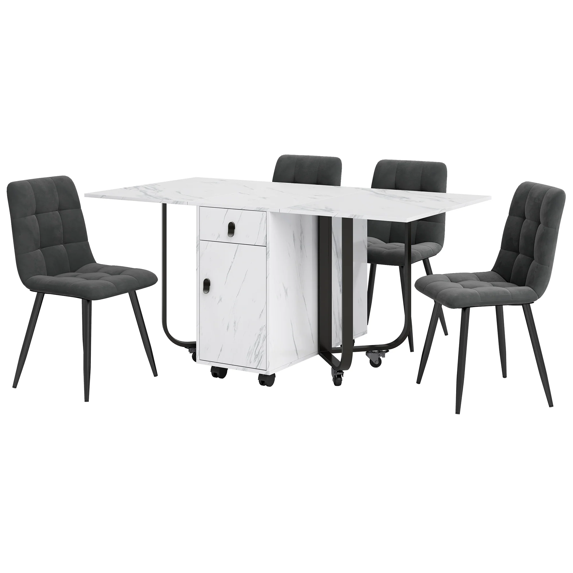 Dining Set Folding 5-Piece 150x80cm Table & 4 Upholstered Chairs Dark Grey Velvet/White MDF Black Legs - Image 4