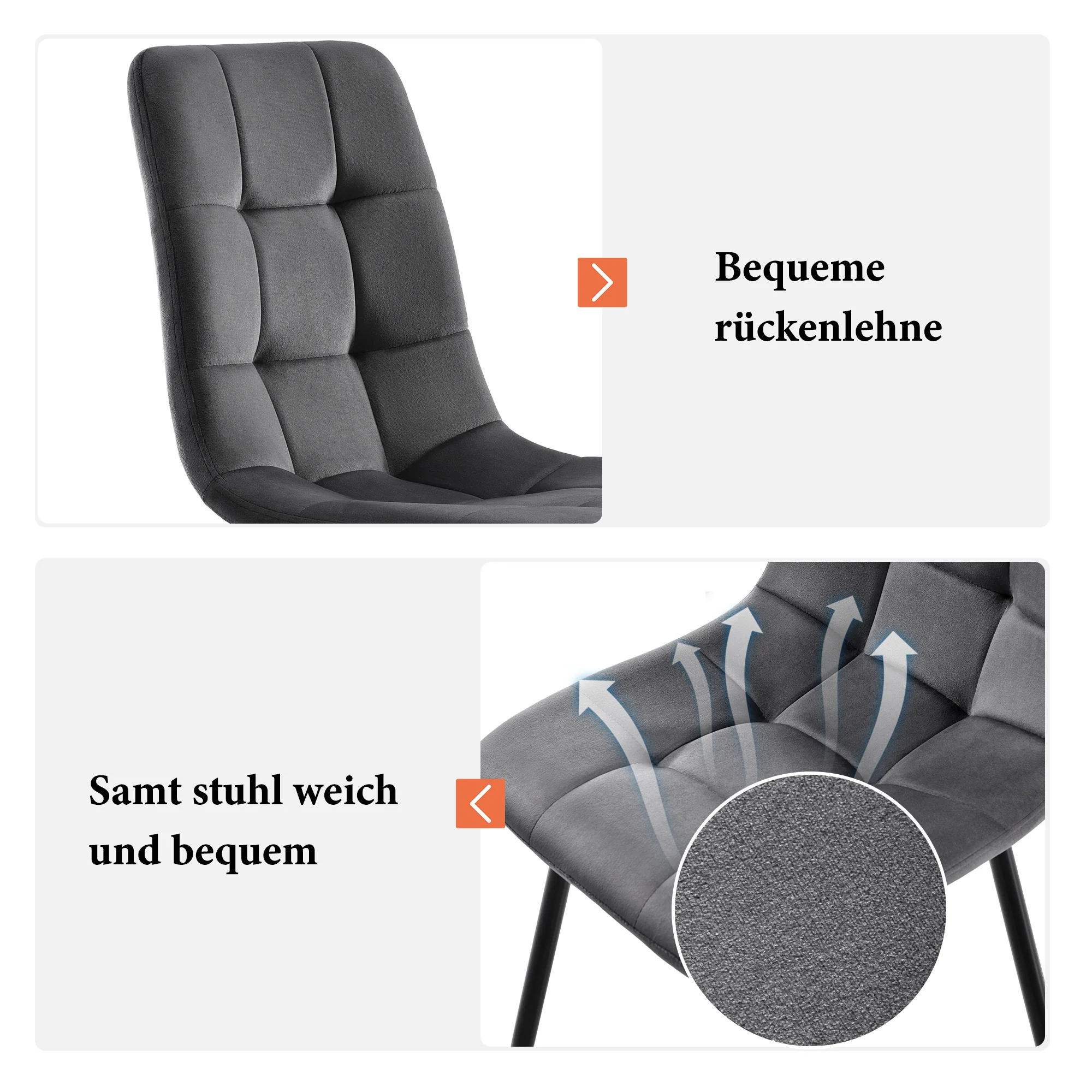 Dining Set Folding 5-Piece 150x80cm Table & 4 Upholstered Chairs Dark Grey Velvet/White MDF Black Legs - Image 7