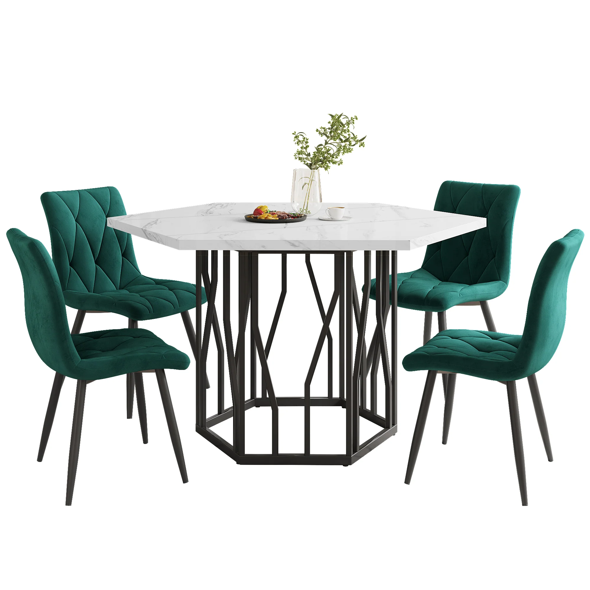 Dining Table and Chair Set 5-Piece Modern Hexagonal Marble Table 4 Green Velvet Chairs - Image 3