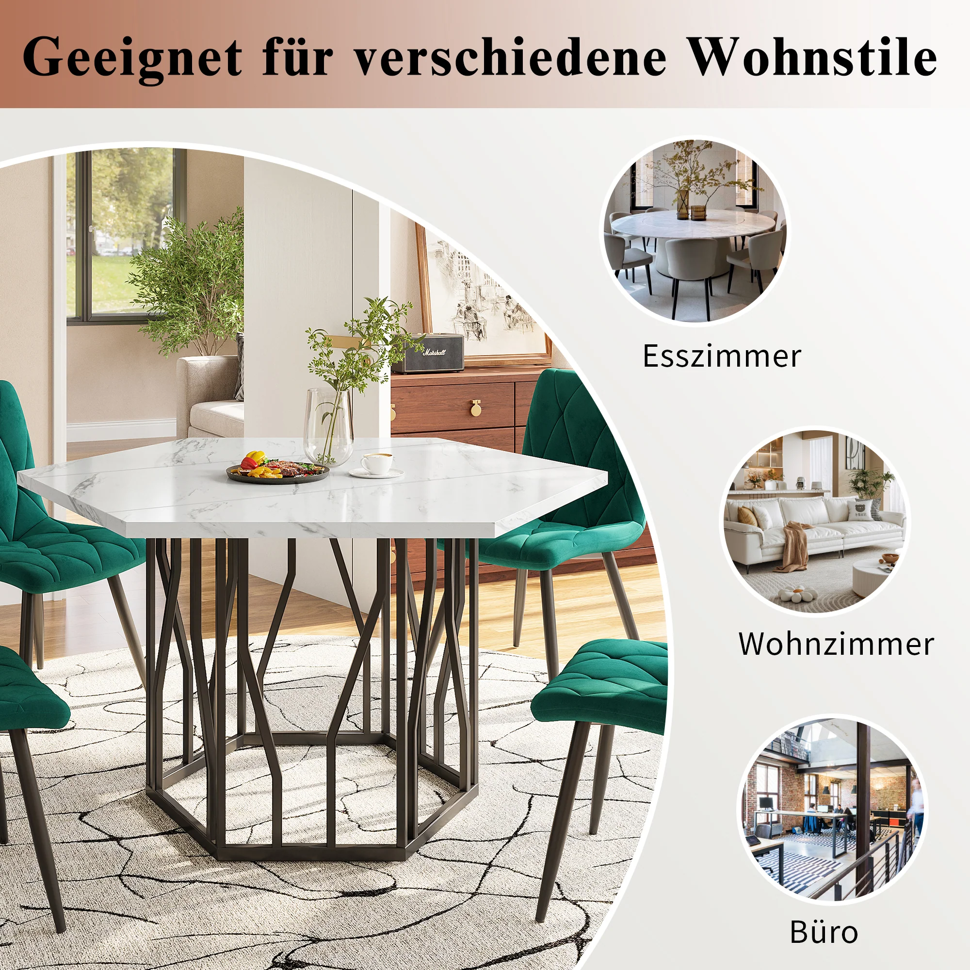 Dining Table and Chair Set 5-Piece Modern Hexagonal Marble Table 4 Green Velvet Chairs - Image 8
