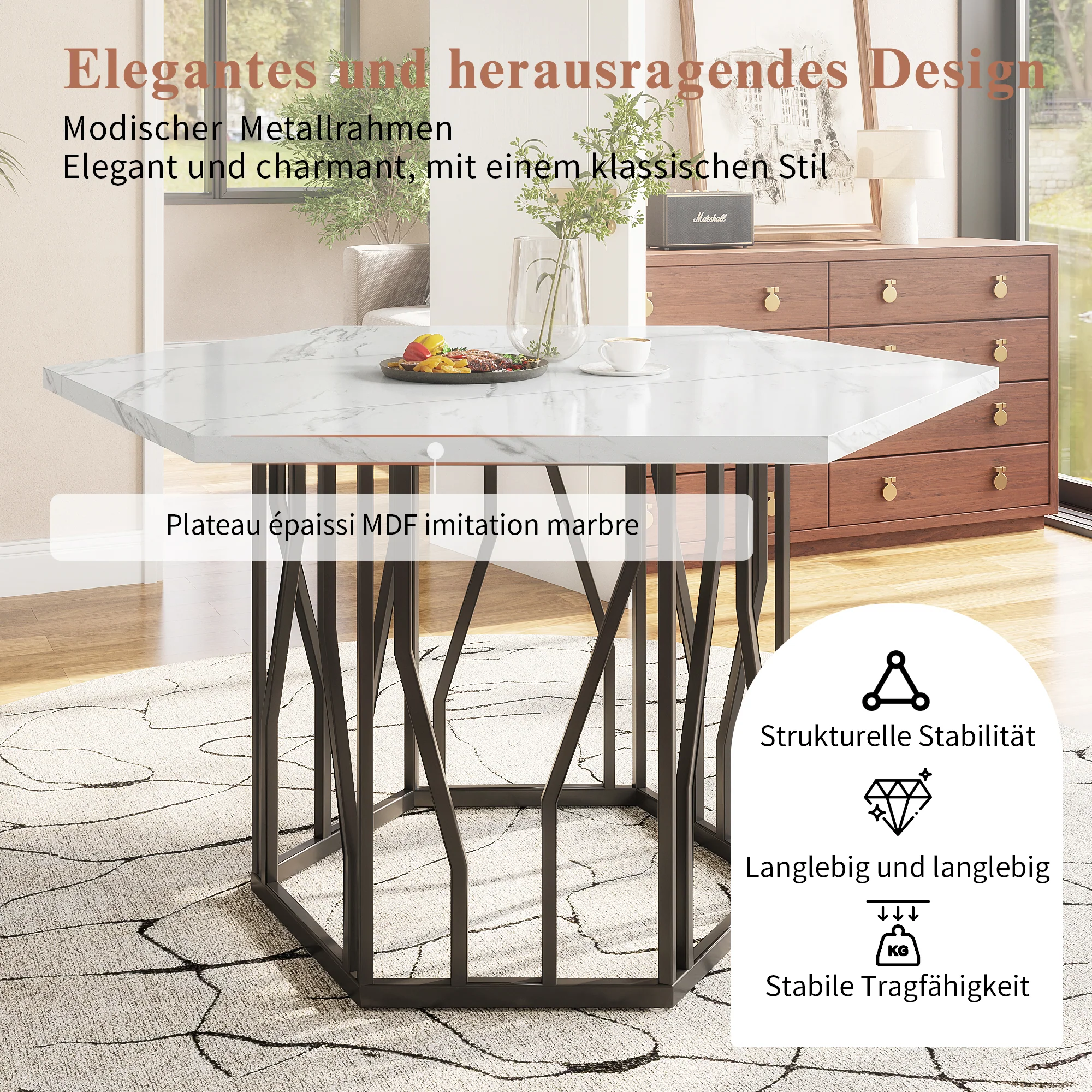 Dining Table and Chair Set 5-Piece Modern Hexagonal Marble Table 4 Green Velvet Chairs - Image 9