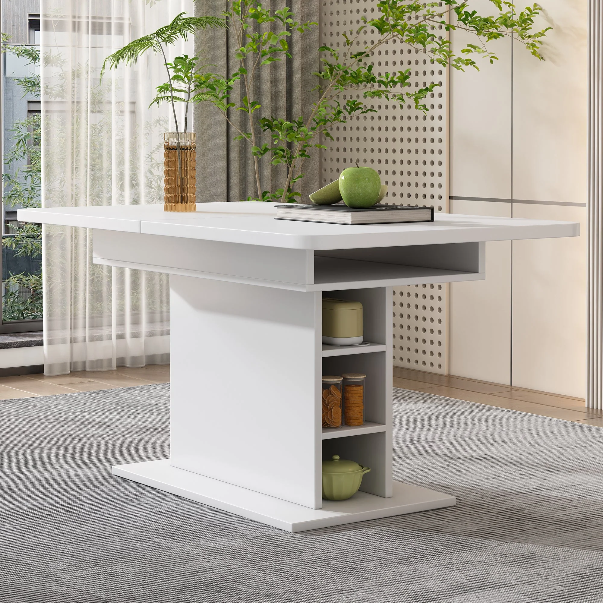 Dining Table - Extendable, Storage, Rectangular, Coffee Leisure, Modern Simple Iron, Space-Saving, Multifunctional - White