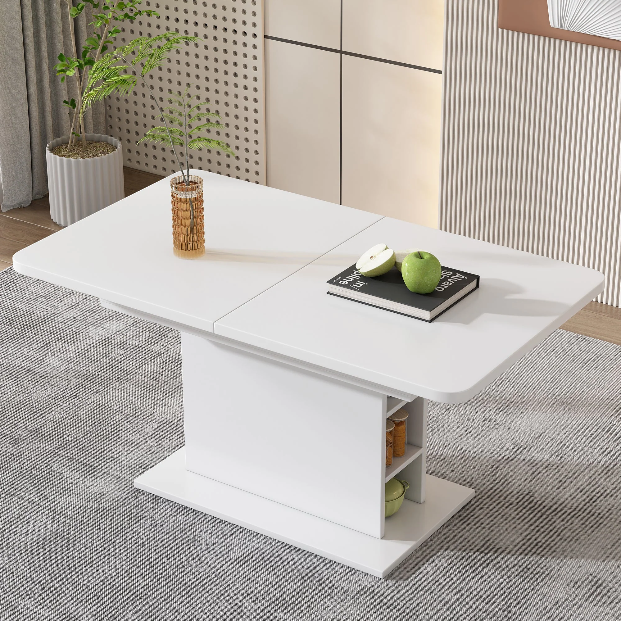 Dining Table - Extendable, Storage, Rectangular, Coffee Leisure, Modern Simple Iron, Space-Saving, Multifunctional - White - Image 2