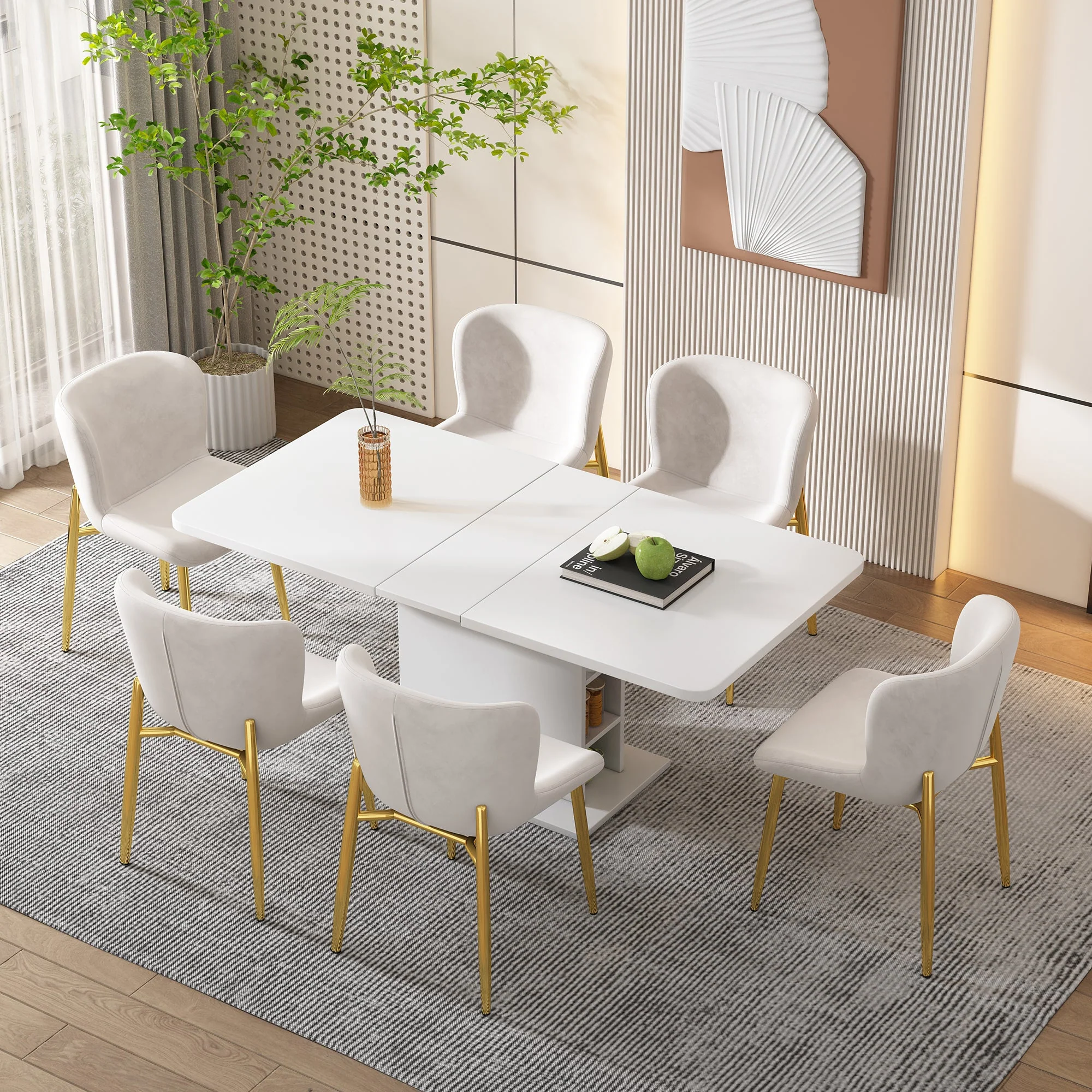 Dining Table - Extendable, Storage, Rectangular, Coffee Leisure, Modern Simple Iron, Space-Saving, Multifunctional - White - Image 5
