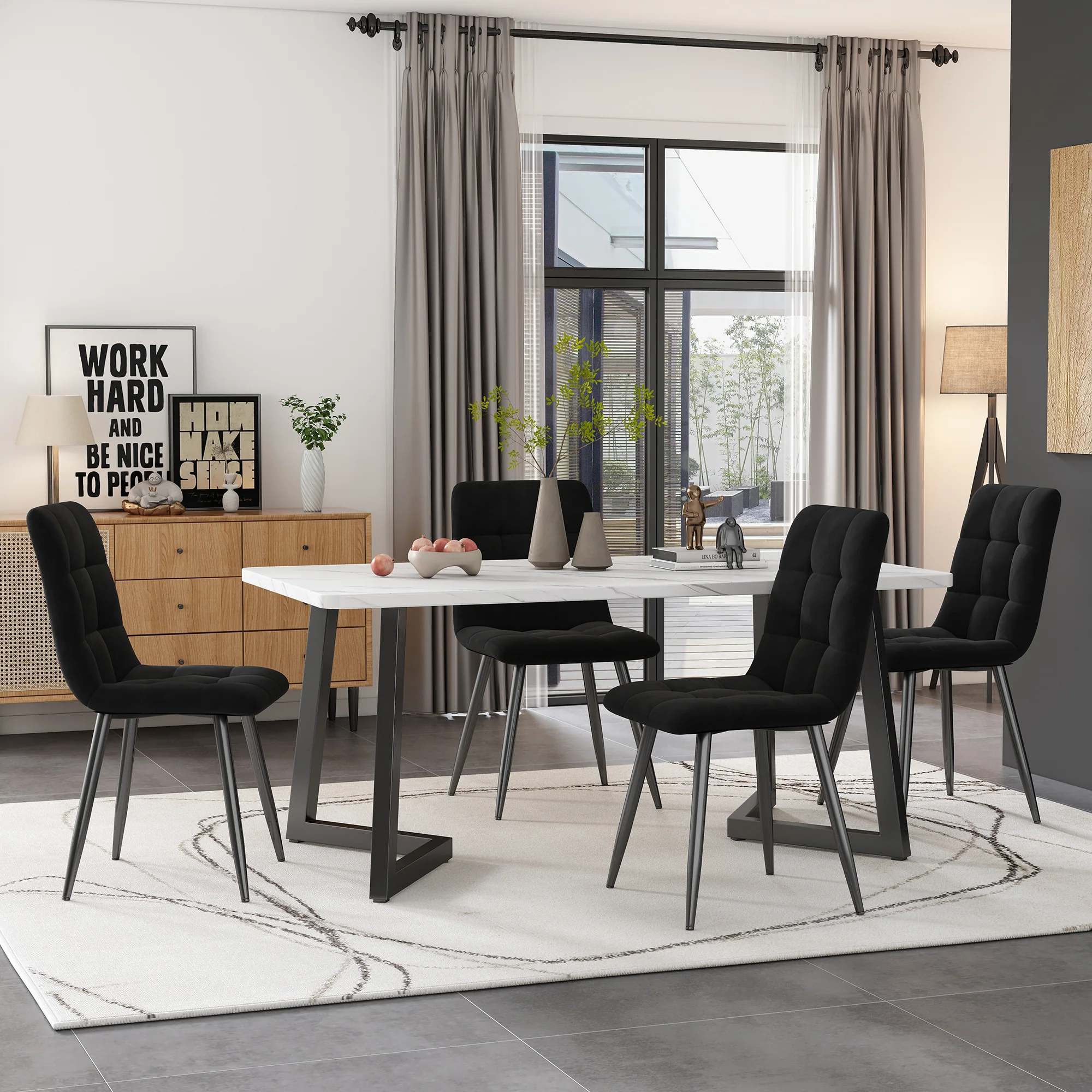 Dining Table Rectangular 117x68cm Modern Marble Pattern Metal Frame Black/White