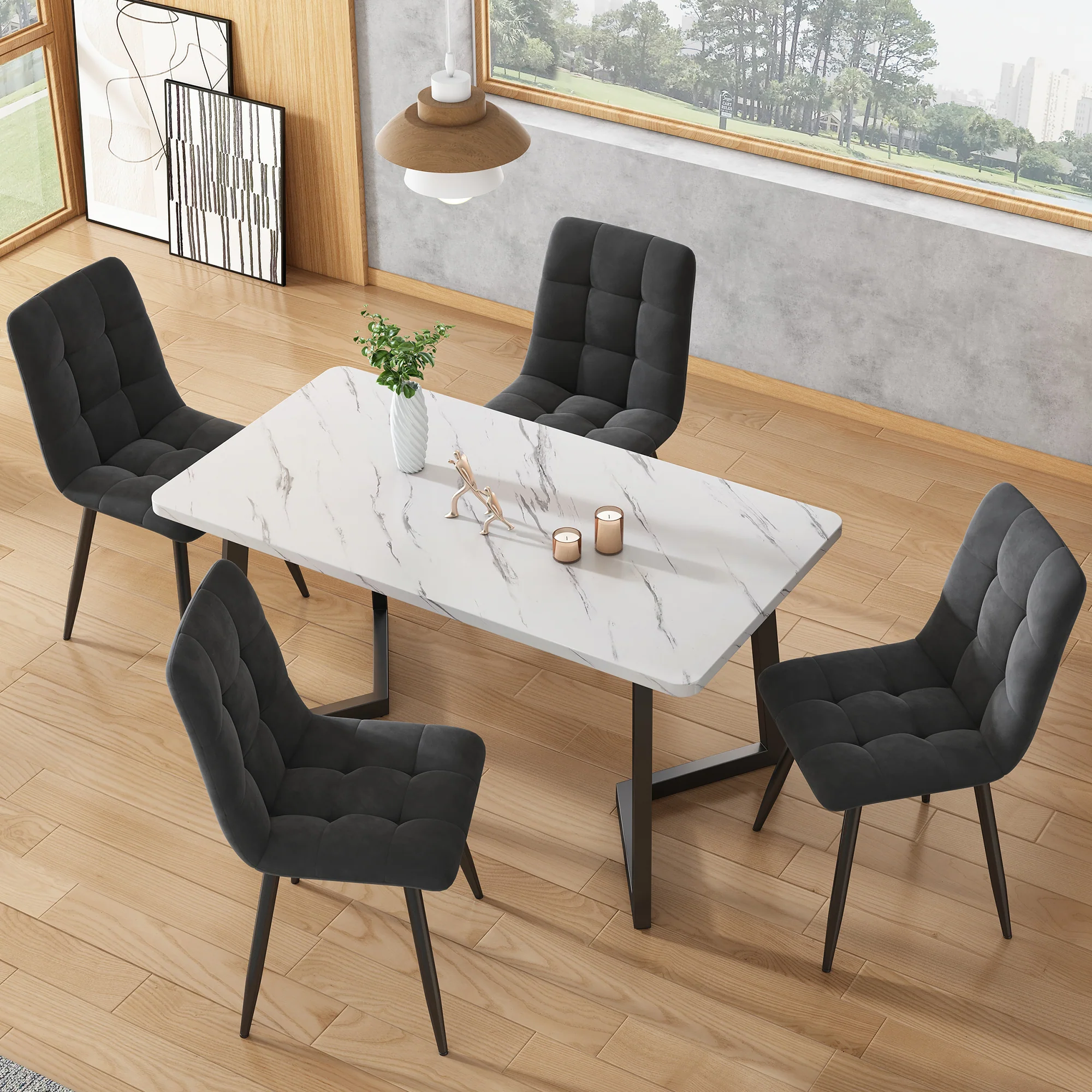 Dining Table Rectangular 117x68cm Modern Marble Pattern Metal Frame Black/White - Image 3