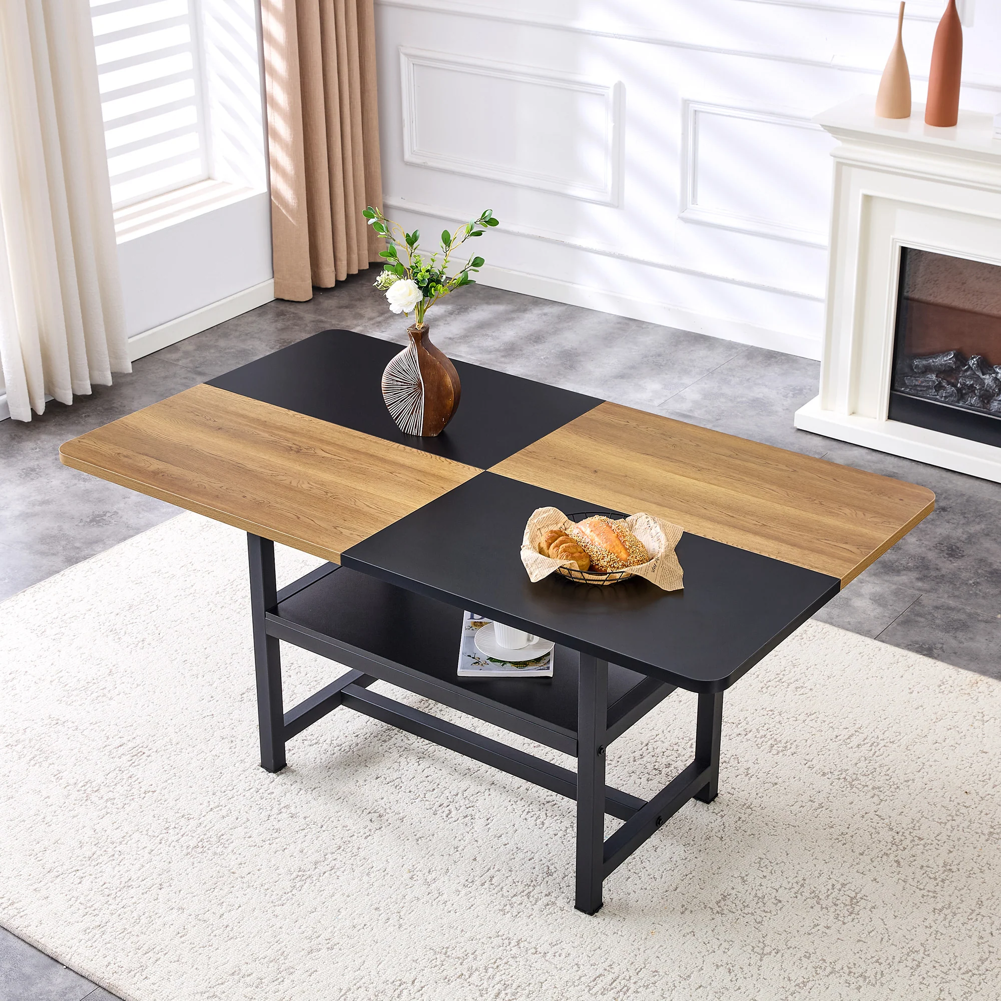 Dining Table Rectangular Industrial 160x90cm Storage Shelf - Brown/Black - Image 2