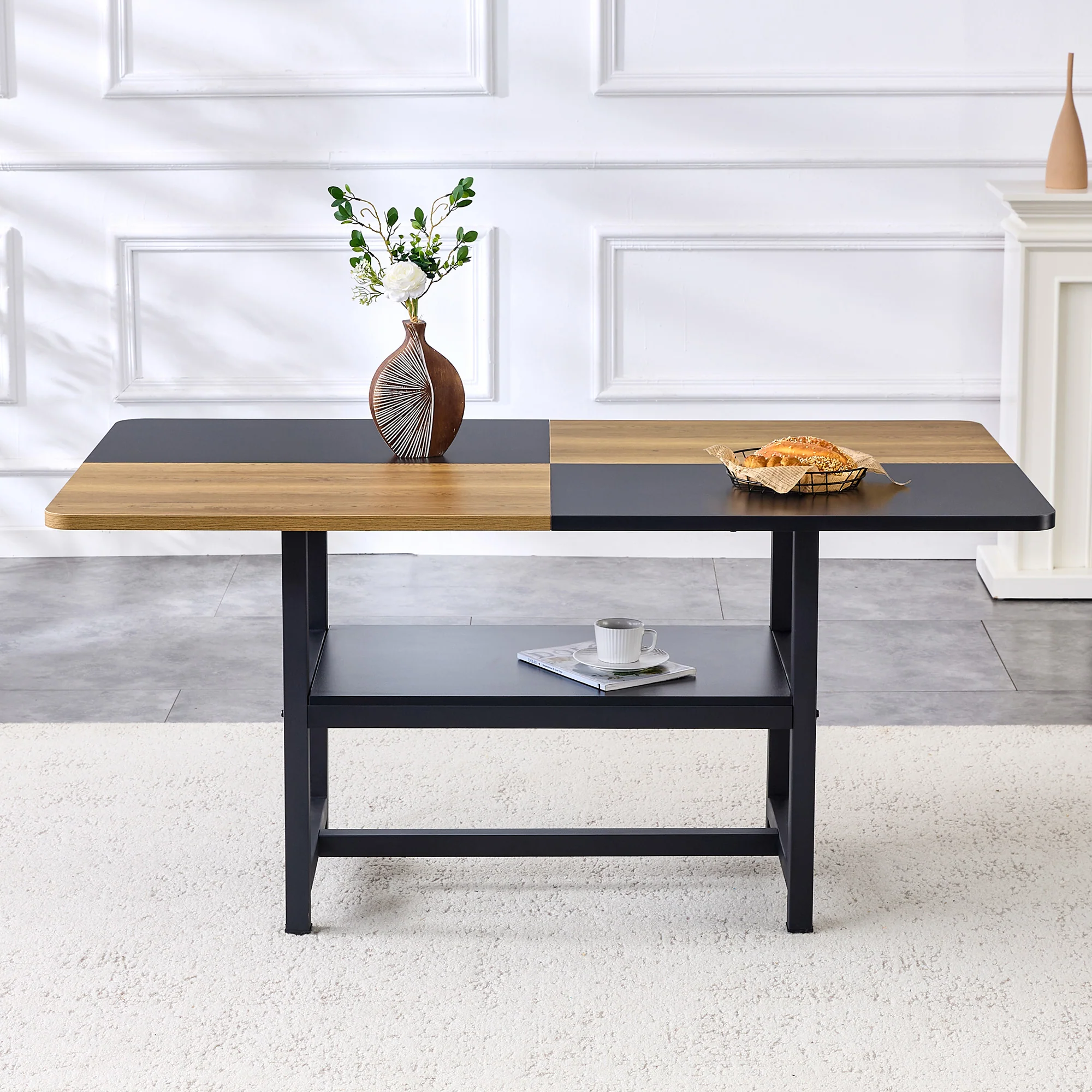 Dining Table Rectangular Industrial 160x90cm Storage Shelf - Brown/Black - Image 3