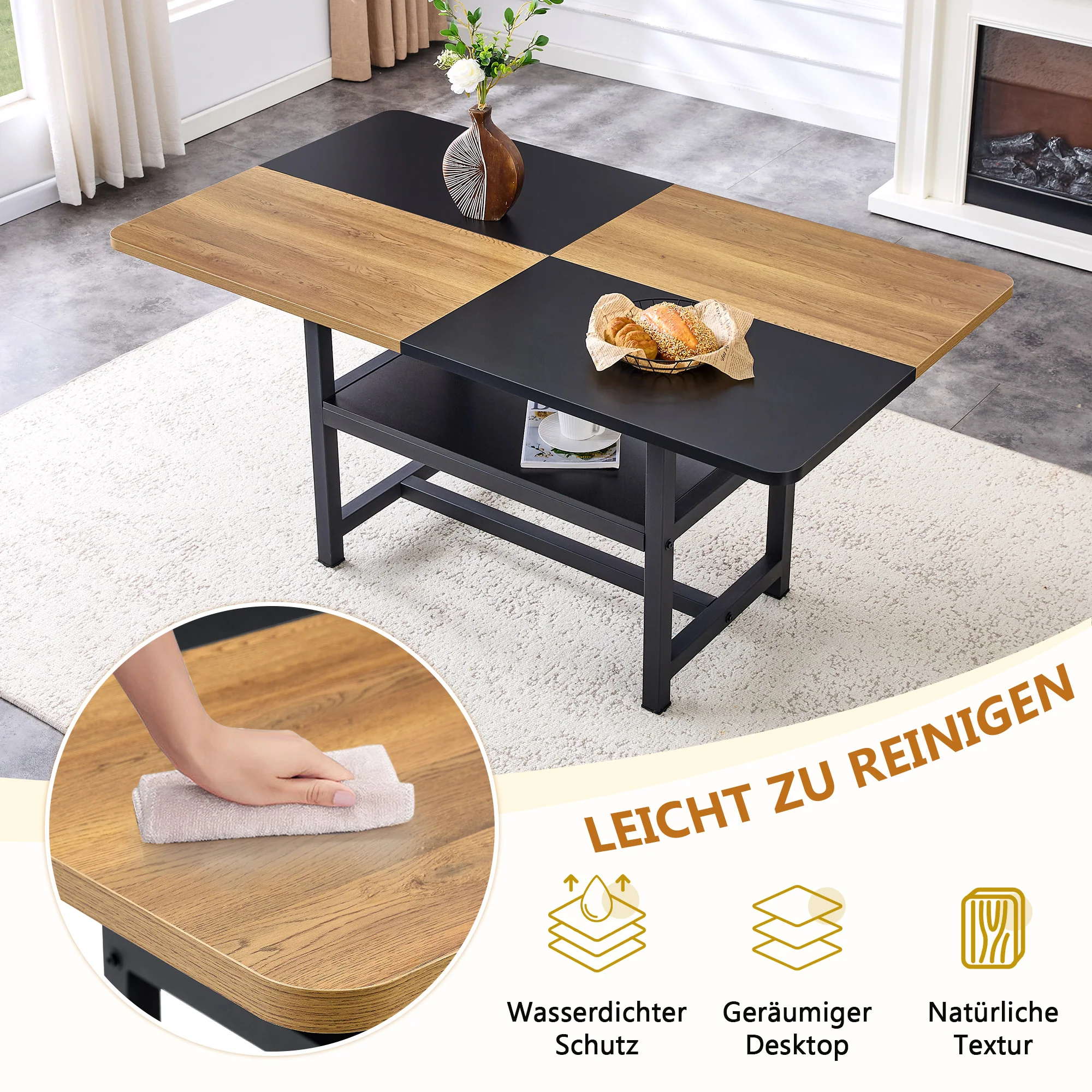 Dining Table Rectangular Industrial 160x90cm Storage Shelf - Brown/Black - Image 5