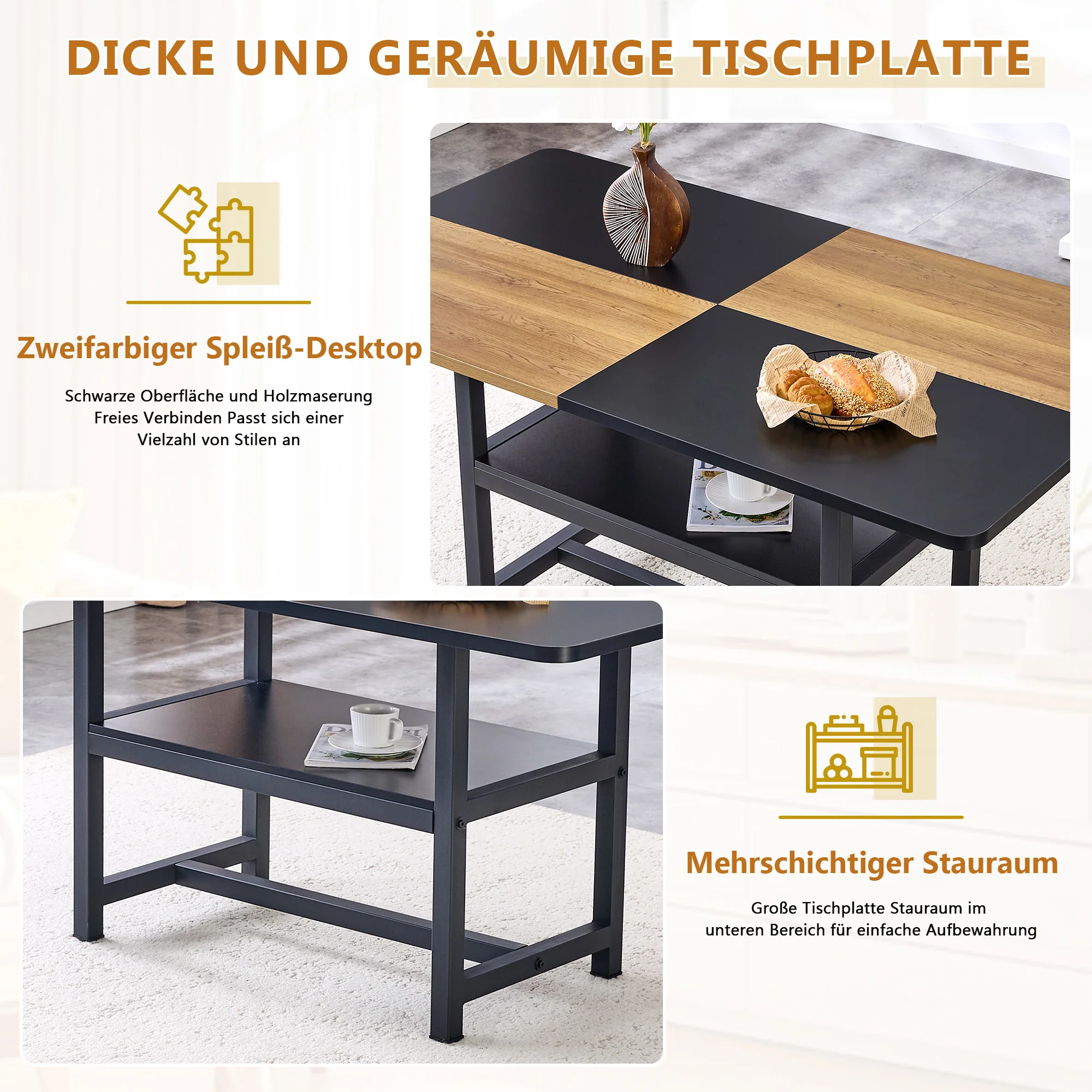 Dining Table Rectangular Industrial 160x90cm Storage Shelf - Brown/Black - Image 7