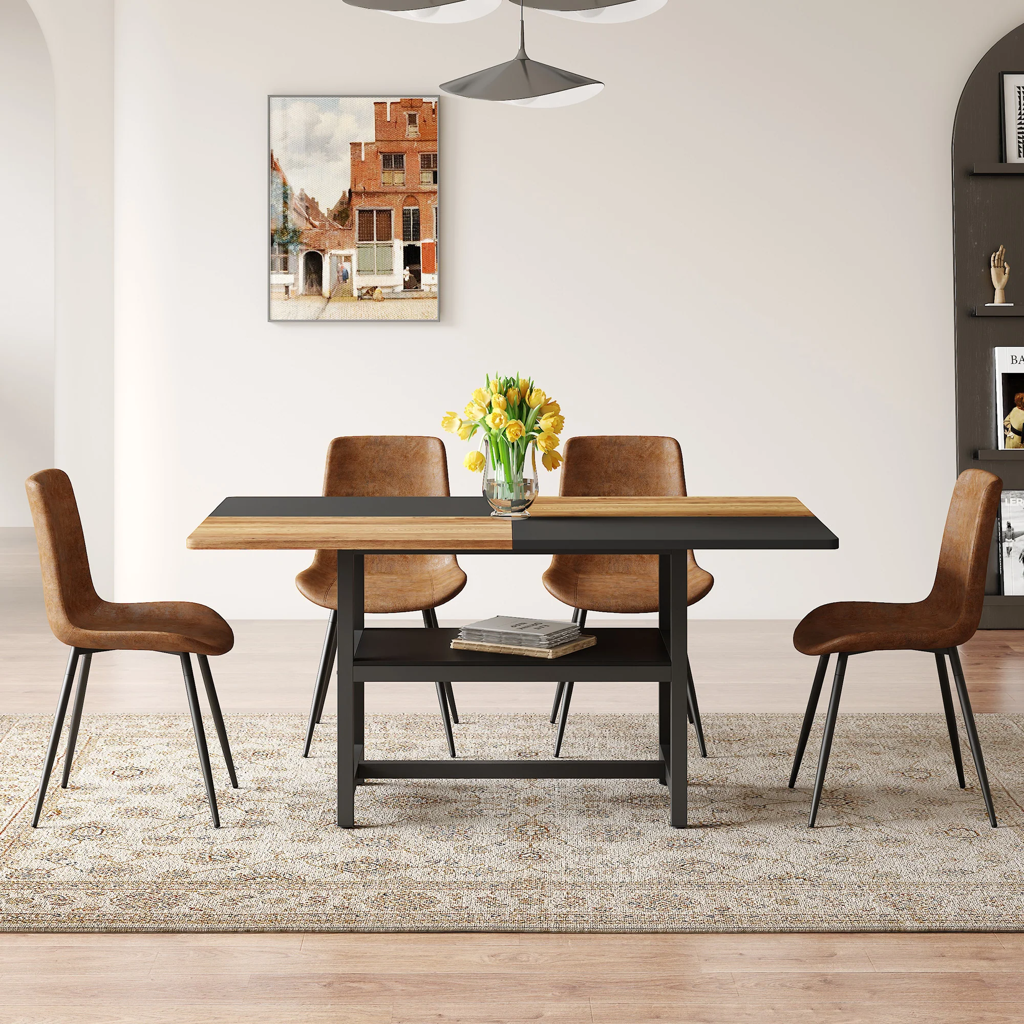 Dining Table Set, 160 cm Rectangular with Storage & 4 Chairs, Brown Tech-Fabric - Image 2