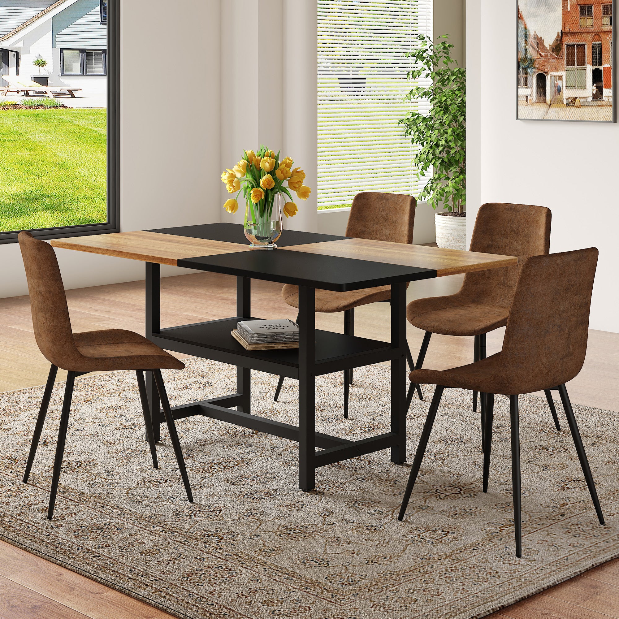 Dining Table Set, 160 cm Rectangular with Storage & 4 Chairs, Brown Tech-Fabric - Image 3