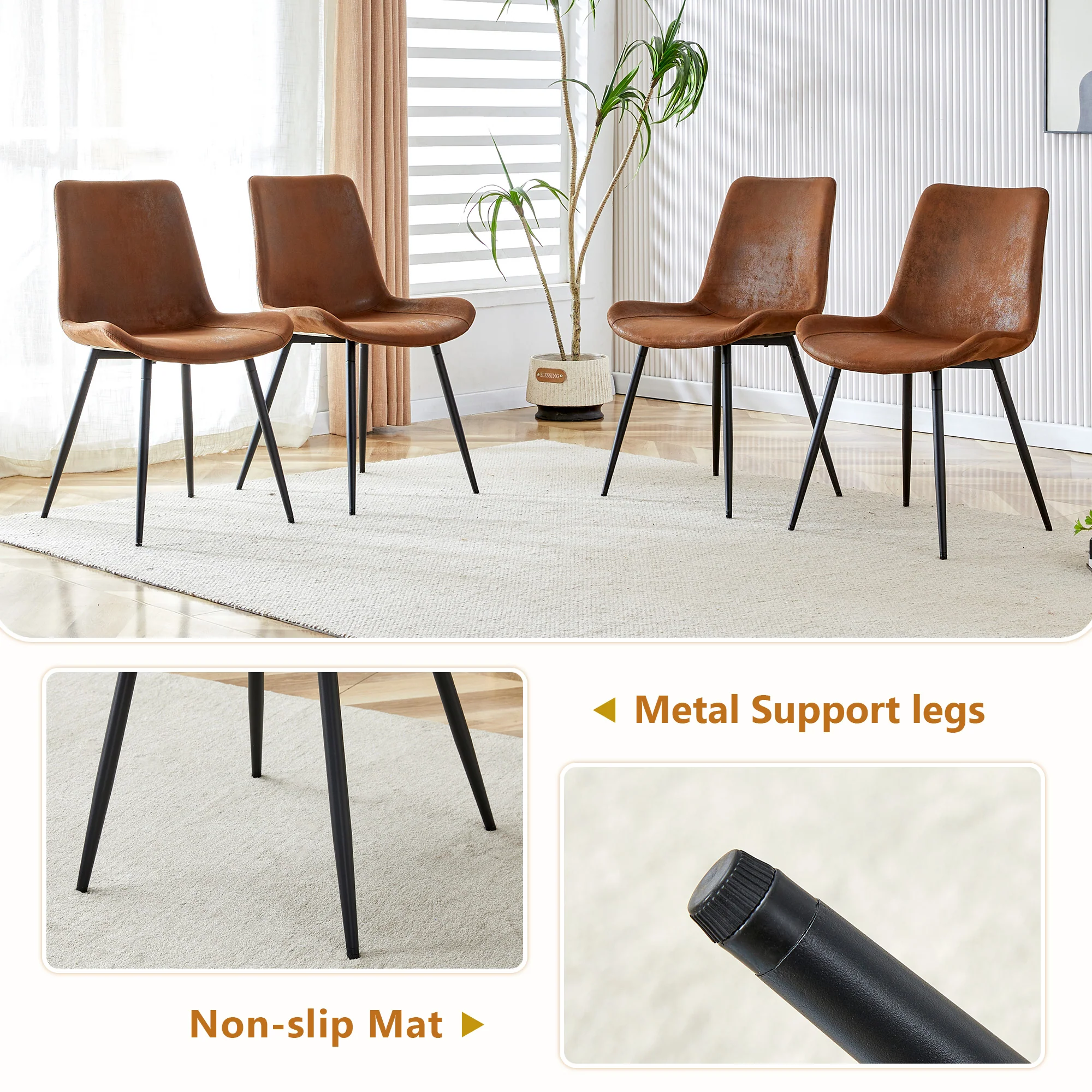 Dining Table Set, 160 cm Rectangular with Storage & 4 Chairs, Brown Tech-Fabric - Image 6