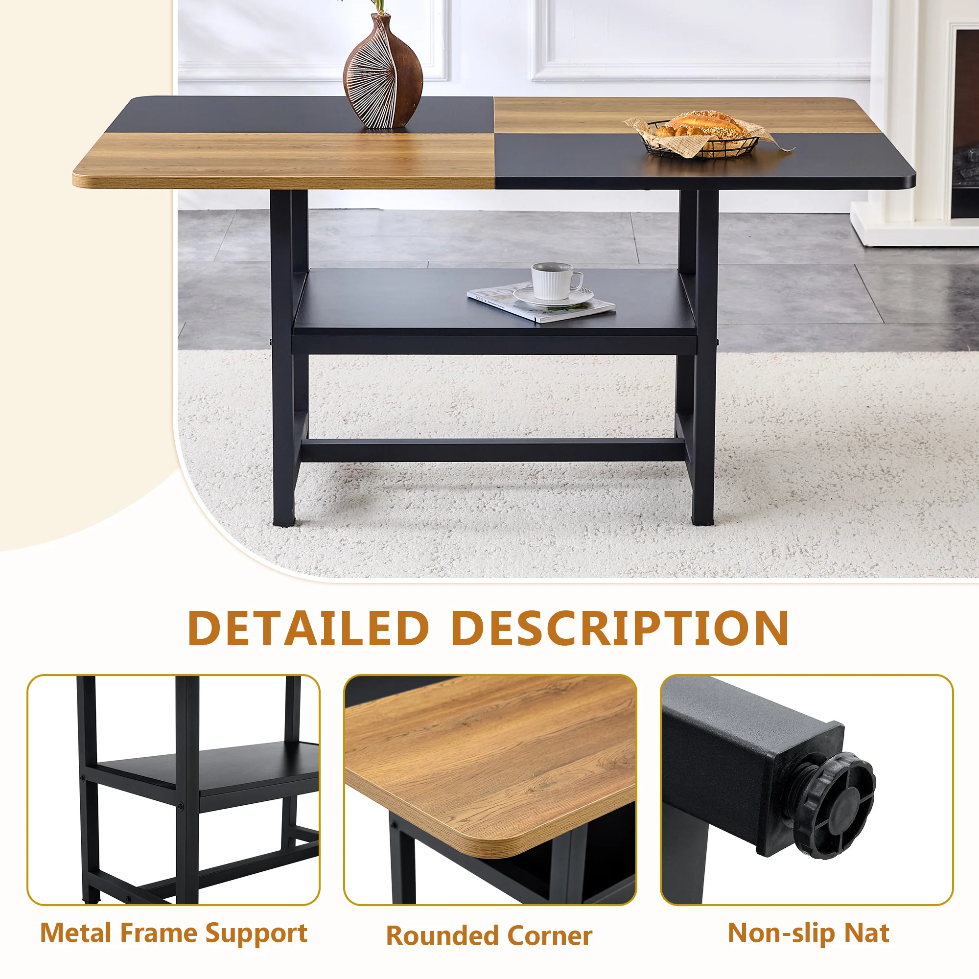 Dining Table Set, 160 cm Rectangular with Storage & 4 Chairs, Brown Tech-Fabric - Image 8