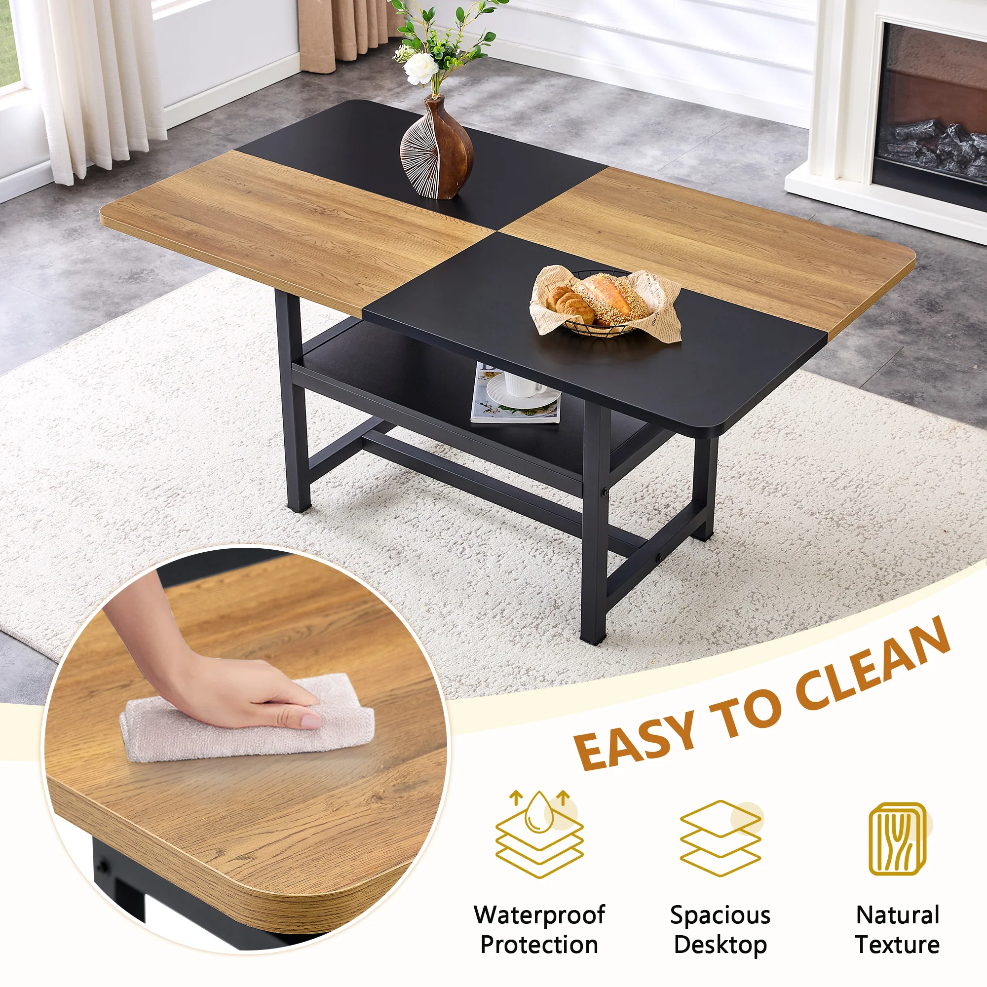 Dining Table Set, 160 cm Rectangular with Storage & 4 Chairs, Brown Tech-Fabric - Image 9