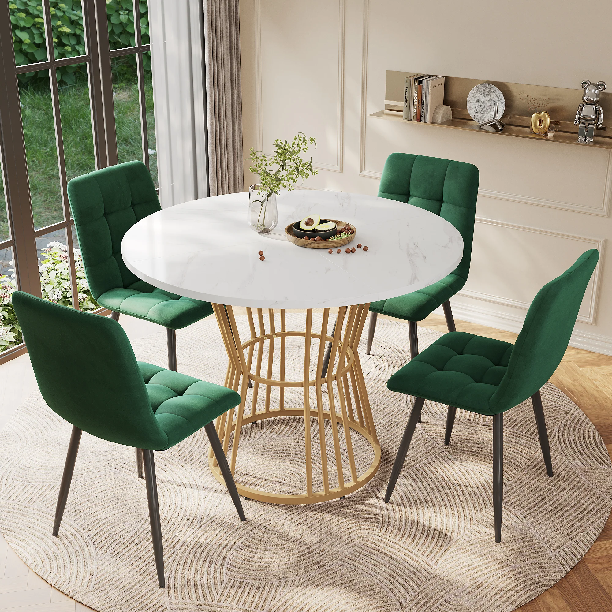 Dining Table Set 5-Piece Round 100cm Gold Metal Legs White MDF Green Velvet - Image 2