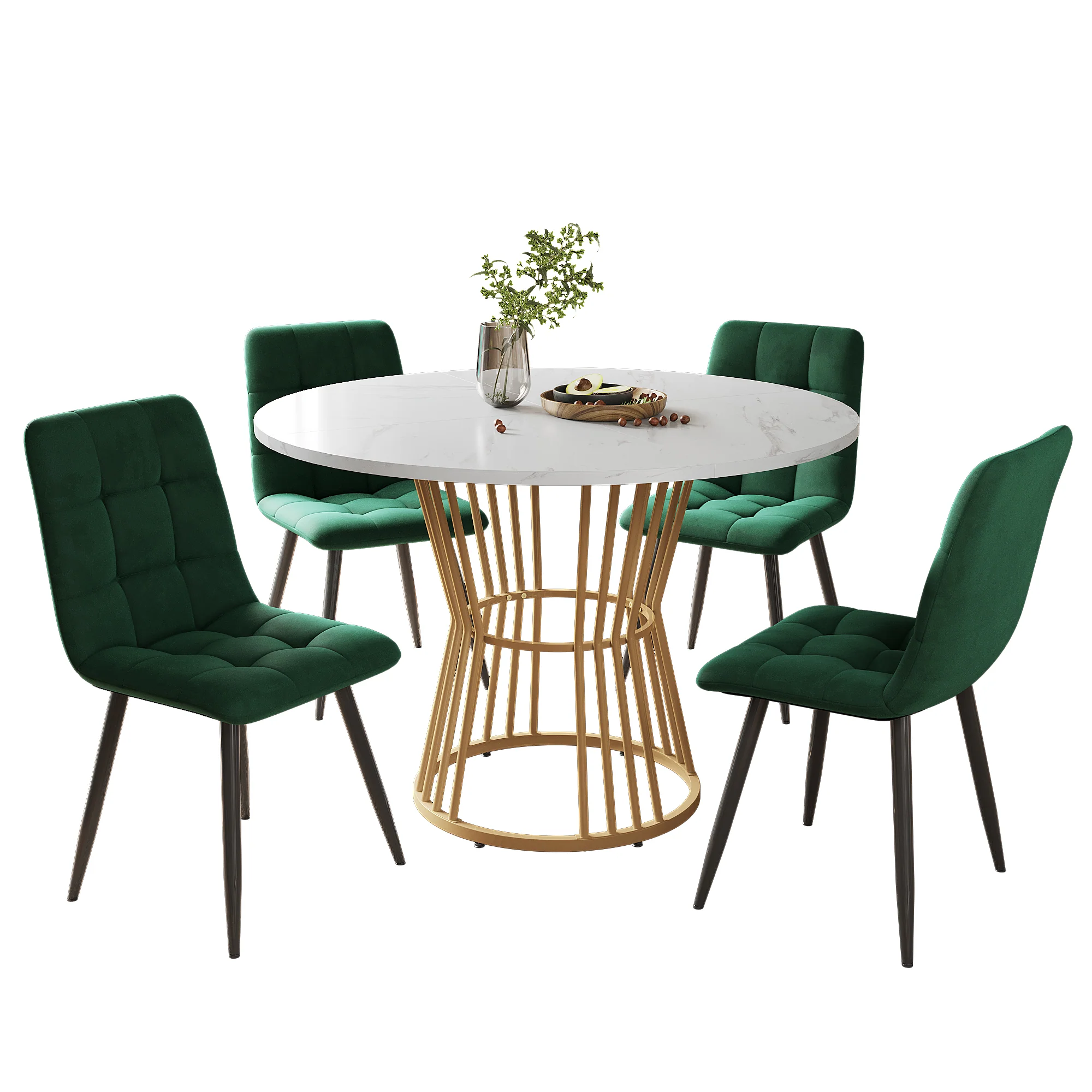 Dining Table Set 5-Piece Round 100cm Gold Metal Legs White MDF Green Velvet - Image 3