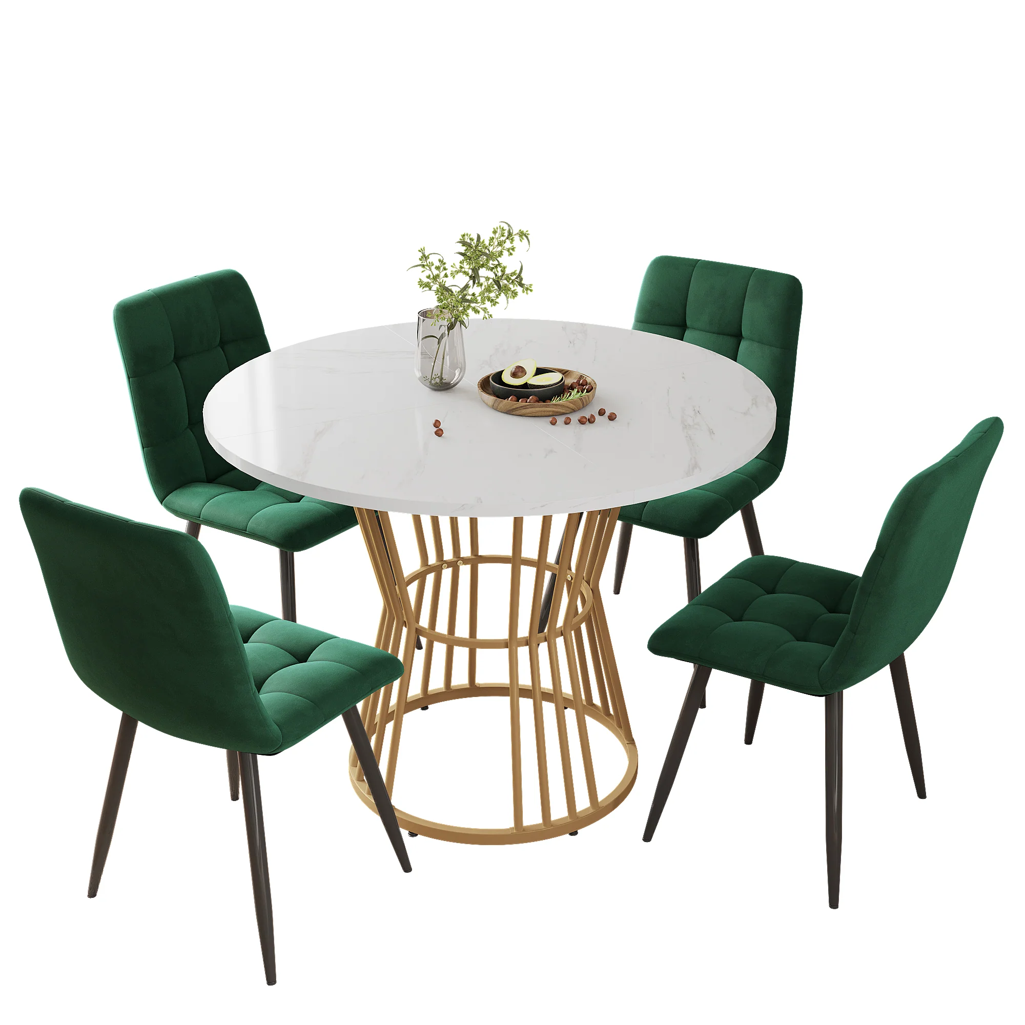 Dining Table Set 5-Piece Round 100cm Gold Metal Legs White MDF Green Velvet - Image 4