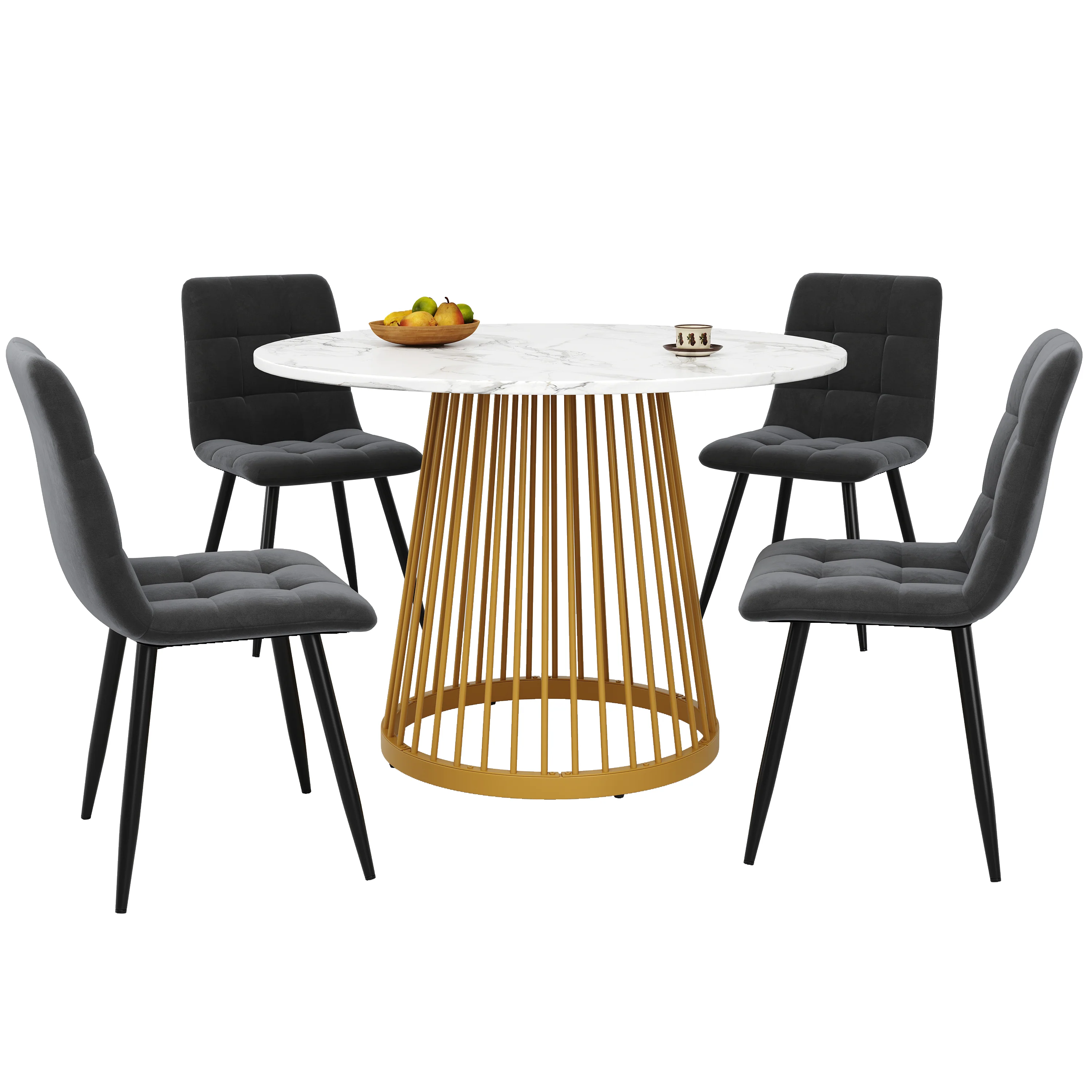 Dining Table Set 5-Piece Round 80cm Gold Metal Legs White MDF Top Dark Grey Velvet - Image 2