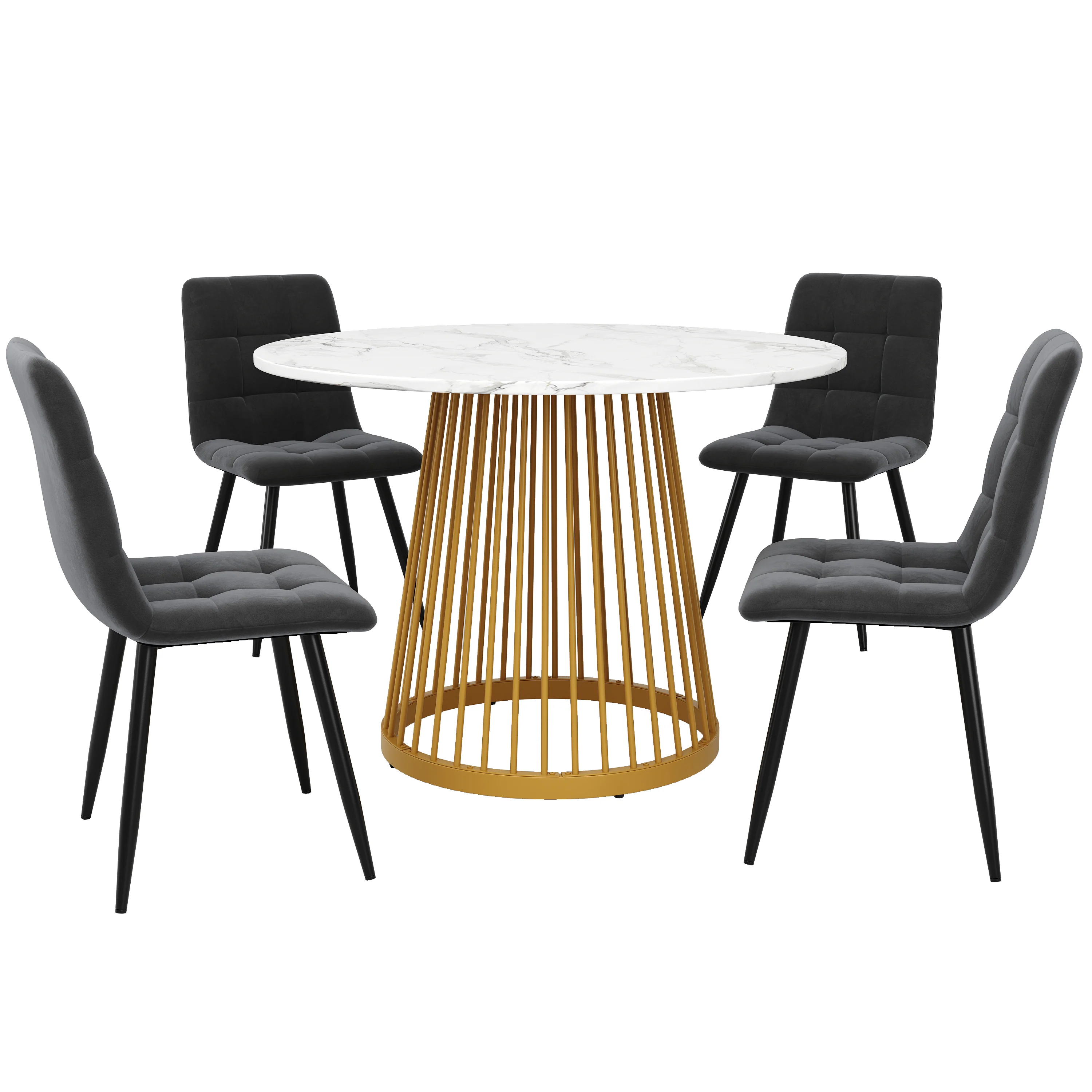 Dining Table Set 5-Piece Round 80cm Gold Metal Legs White MDF Top Dark Grey Velvet - Image 3