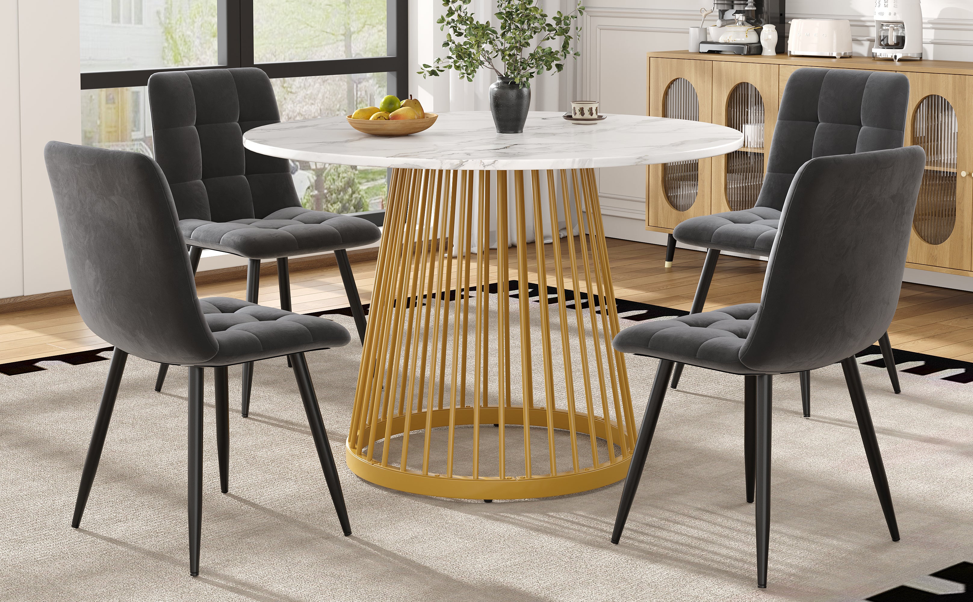 Dining Table Set 5-Piece Round 80cm Gold Metal Legs White MDF Top Dark Grey Velvet - Image 4