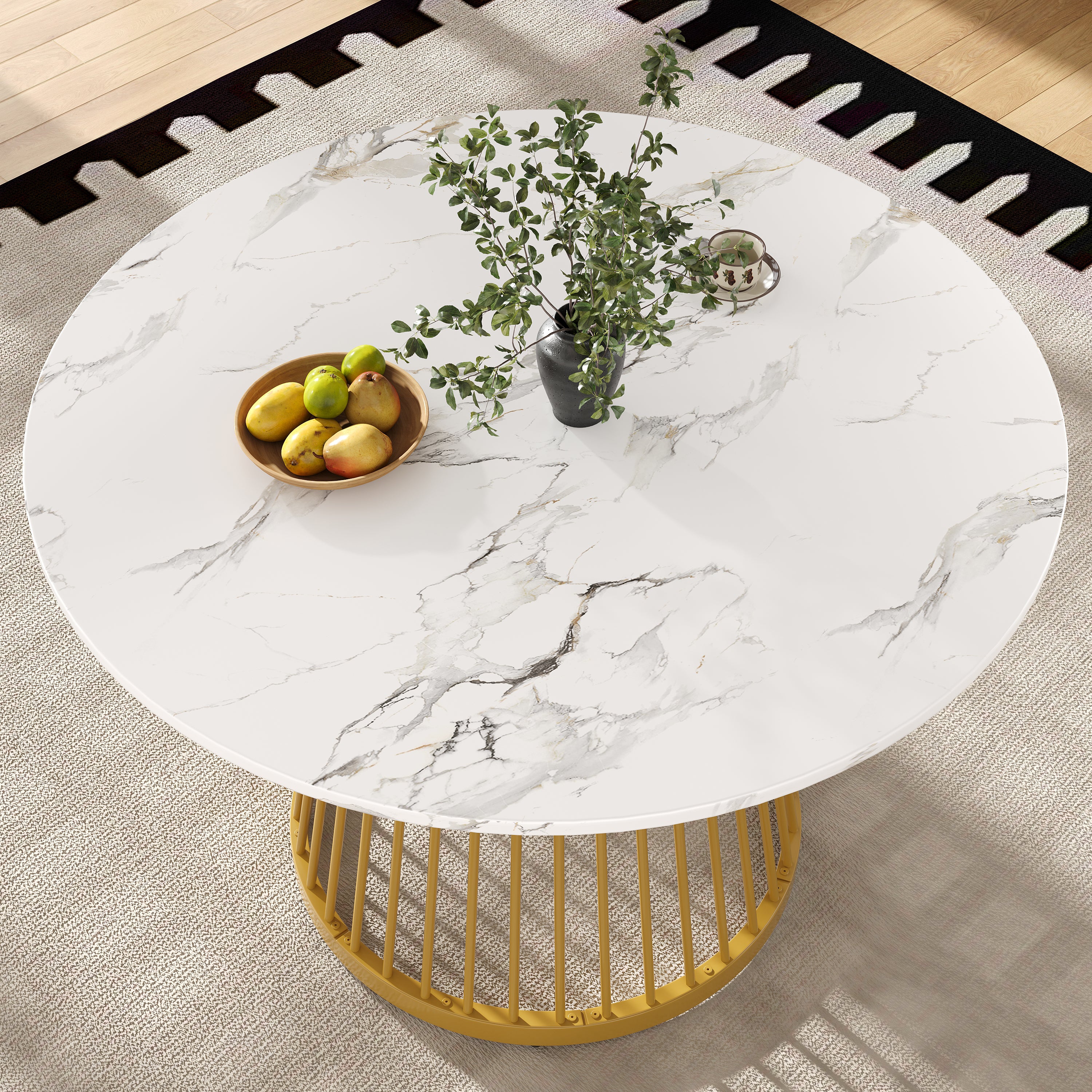 Dining Table Set 5-Piece Round 80cm Gold Metal Legs White MDF Top Dark Grey Velvet - Image 7