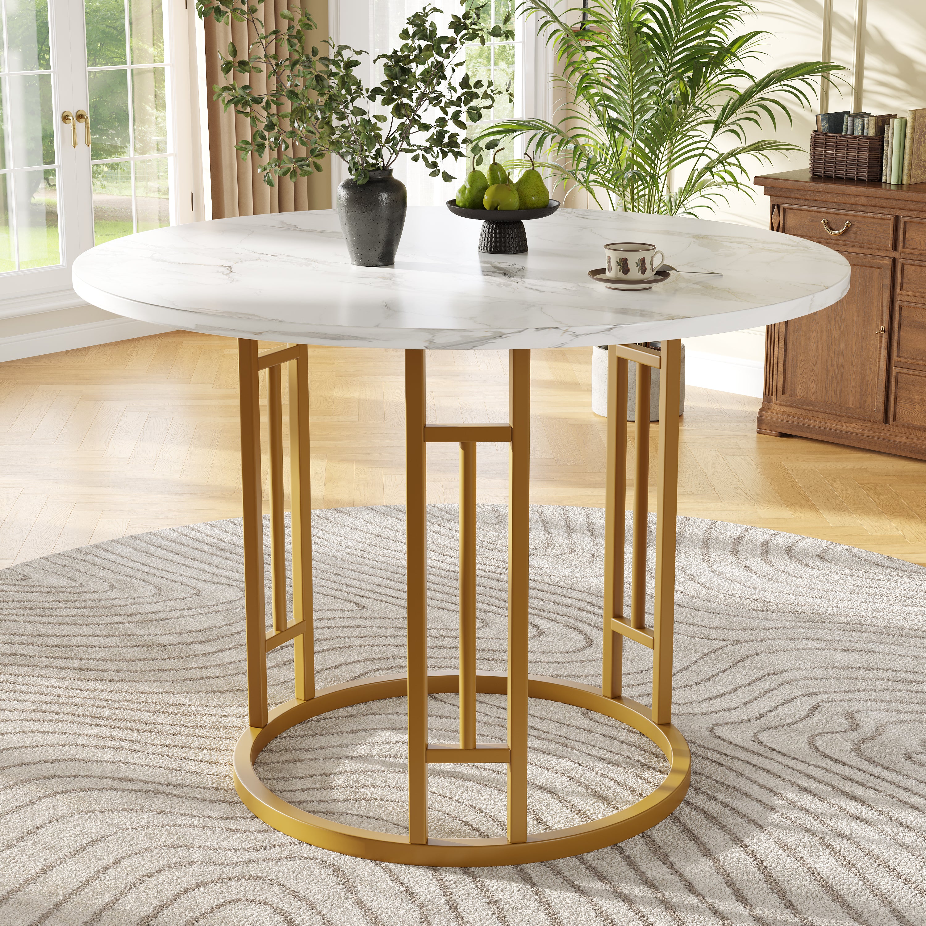 Dining Table Set, 5-Piece Round with 4 Chairs, Gold Metal Legs, Grey MDF Marble - Image 10