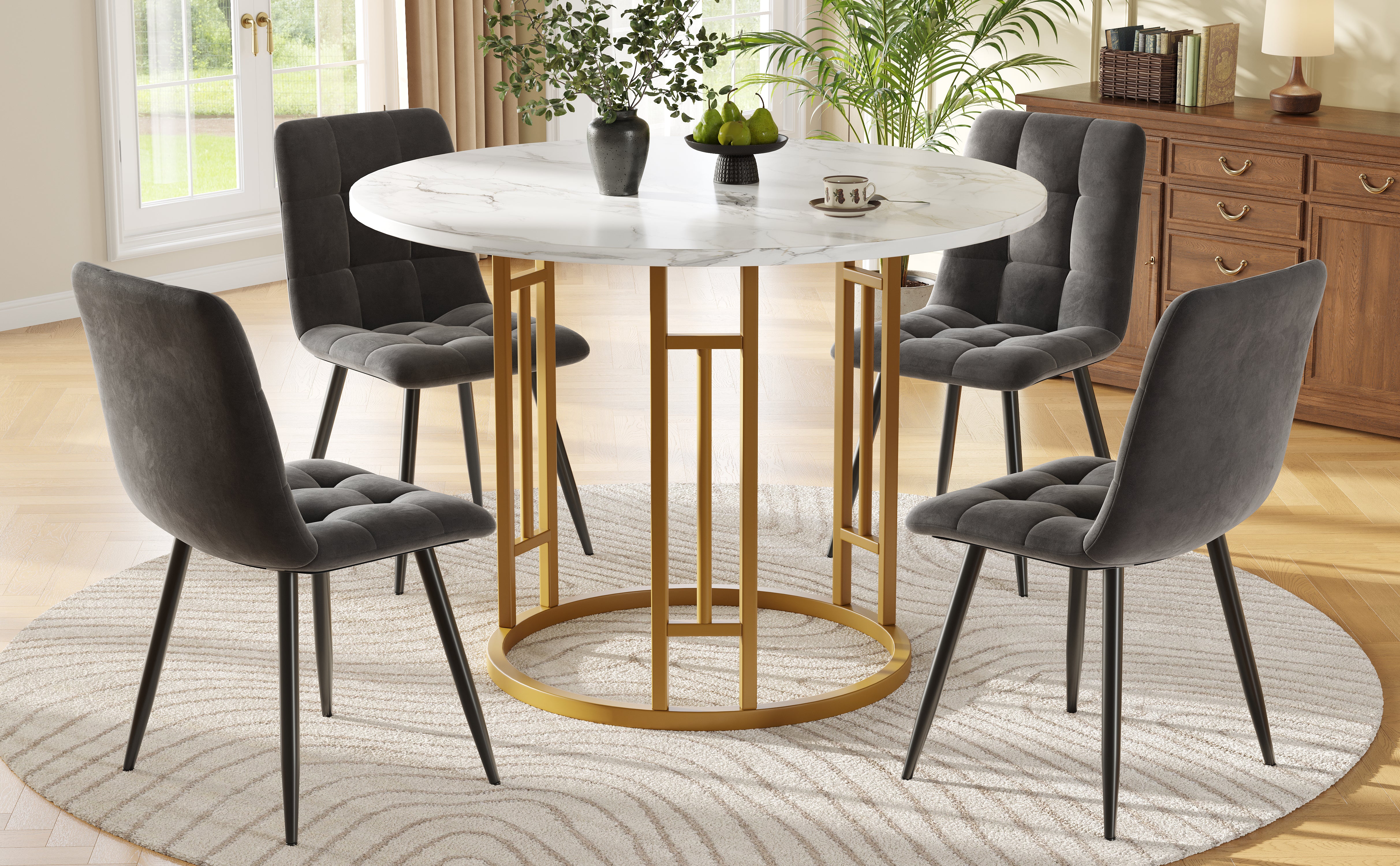 Dining Table Set, 5-Piece Round with 4 Chairs, Gold Metal Legs, Grey MDF Marble - Image 2
