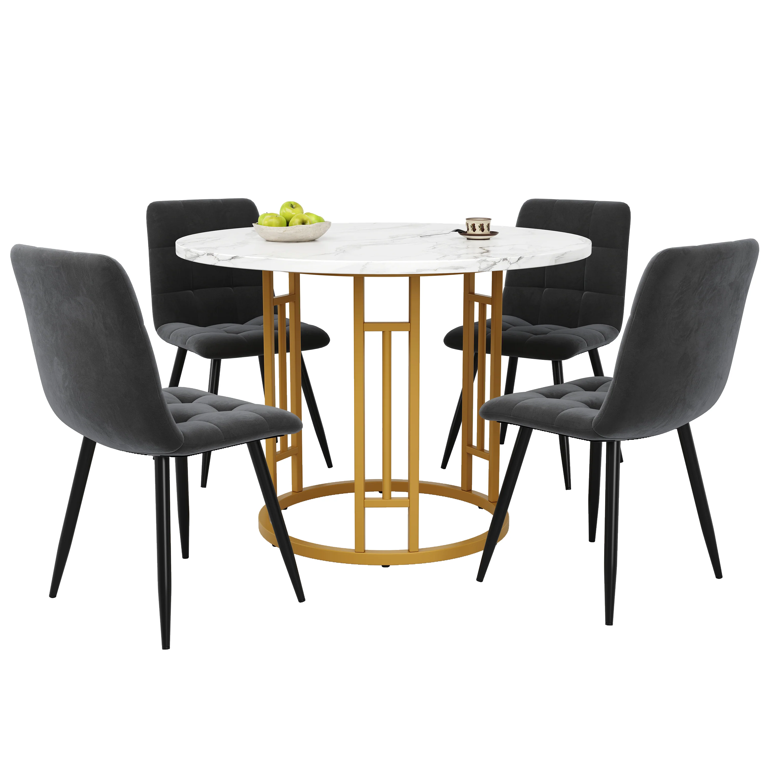 Dining Table Set, 5-Piece Round with 4 Chairs, Gold Metal Legs, Grey MDF Marble - Image 4