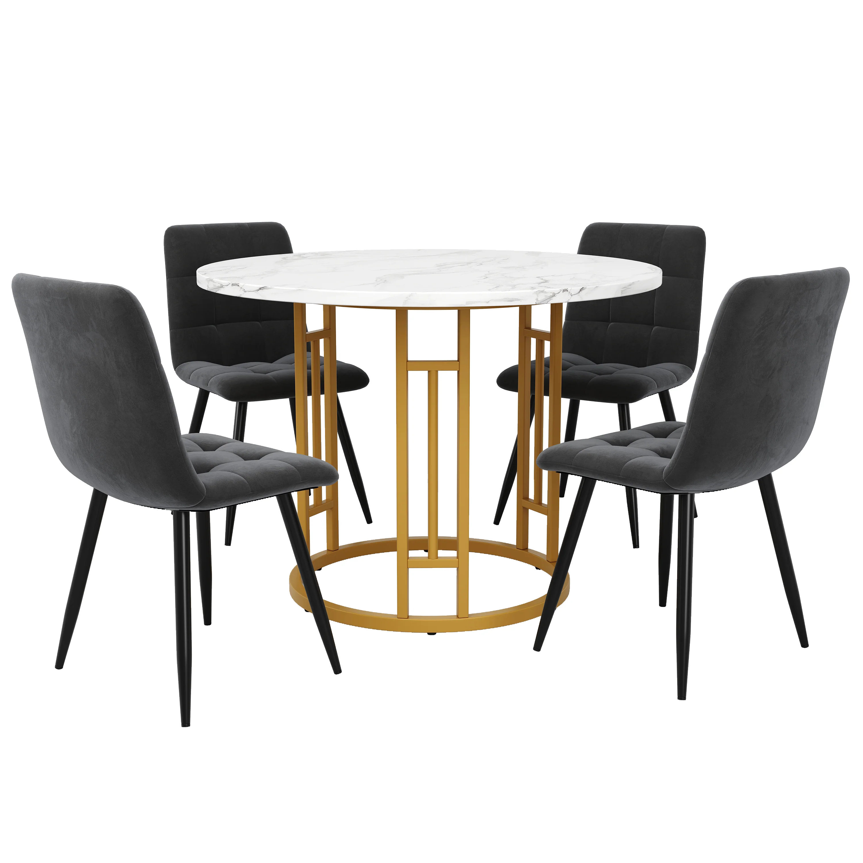 Dining Table Set, 5-Piece Round with 4 Chairs, Gold Metal Legs, Grey MDF Marble - Image 5