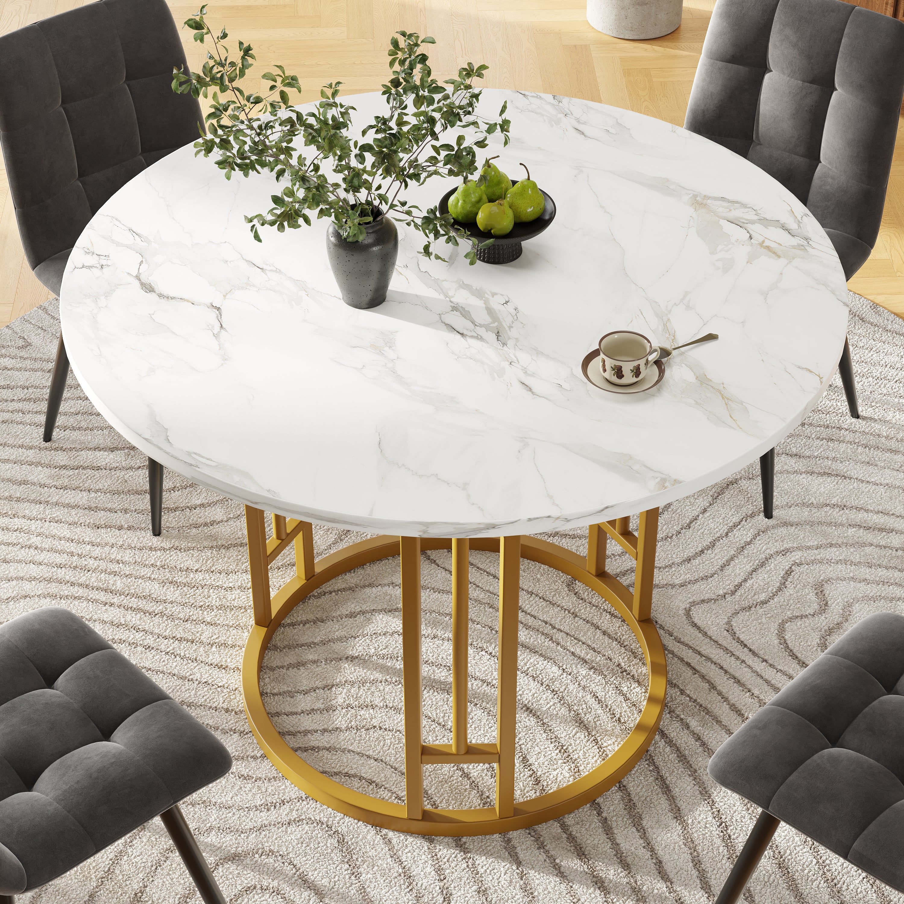 Dining Table Set, 5-Piece Round with 4 Chairs, Gold Metal Legs, Grey MDF Marble - Image 9