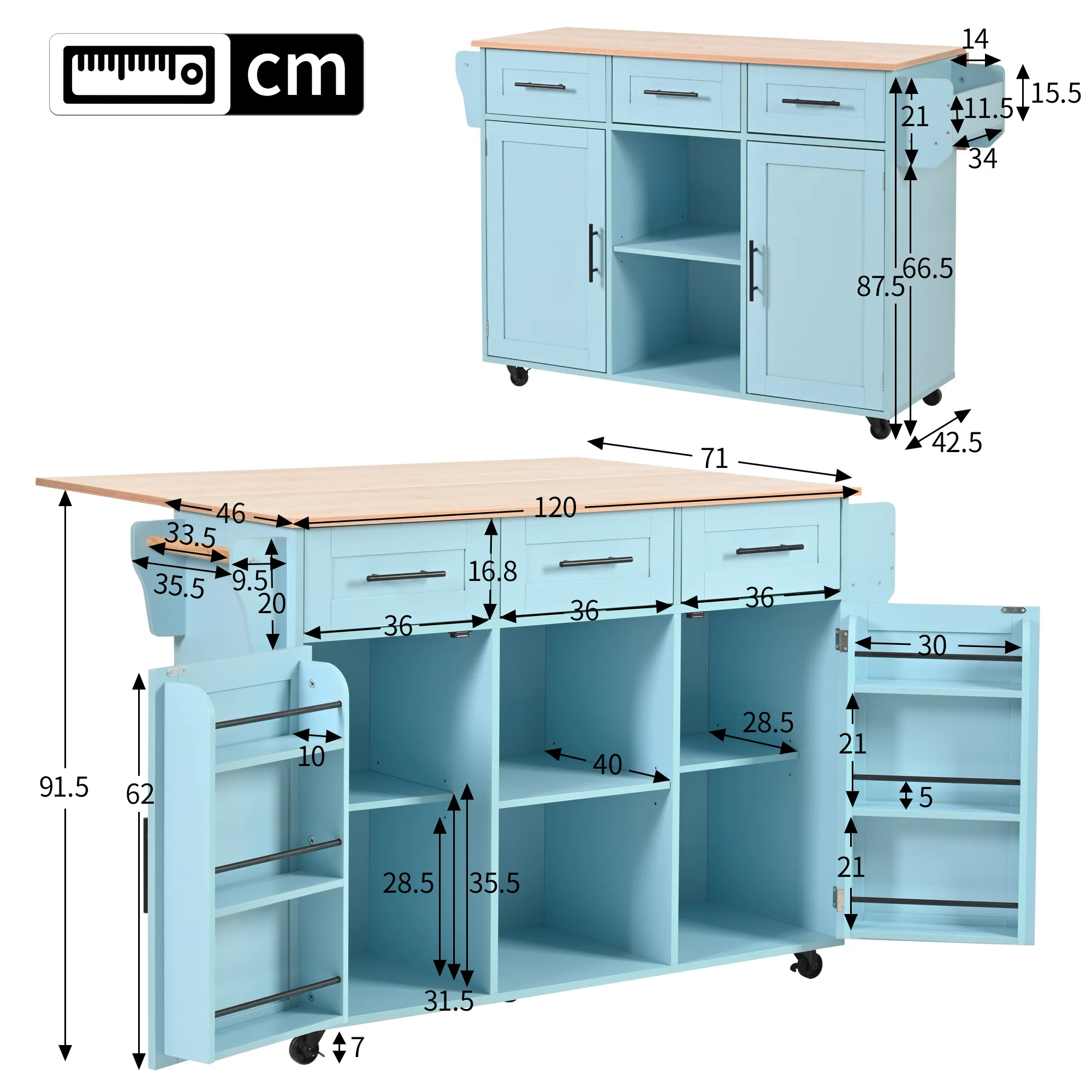 Dining Trolley Sideboard with Fold-Down Worktop and Casters, Blue and Solid Wood Grain - Image 6