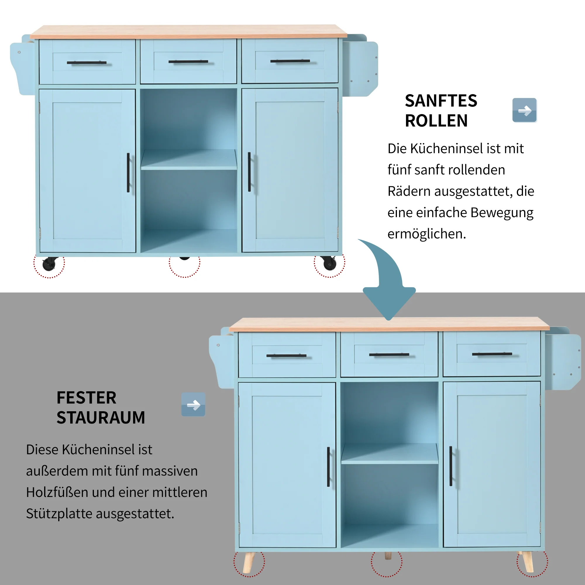 Dining Trolley Sideboard with Fold-Down Worktop and Casters, Blue and Solid Wood Grain - Image 9