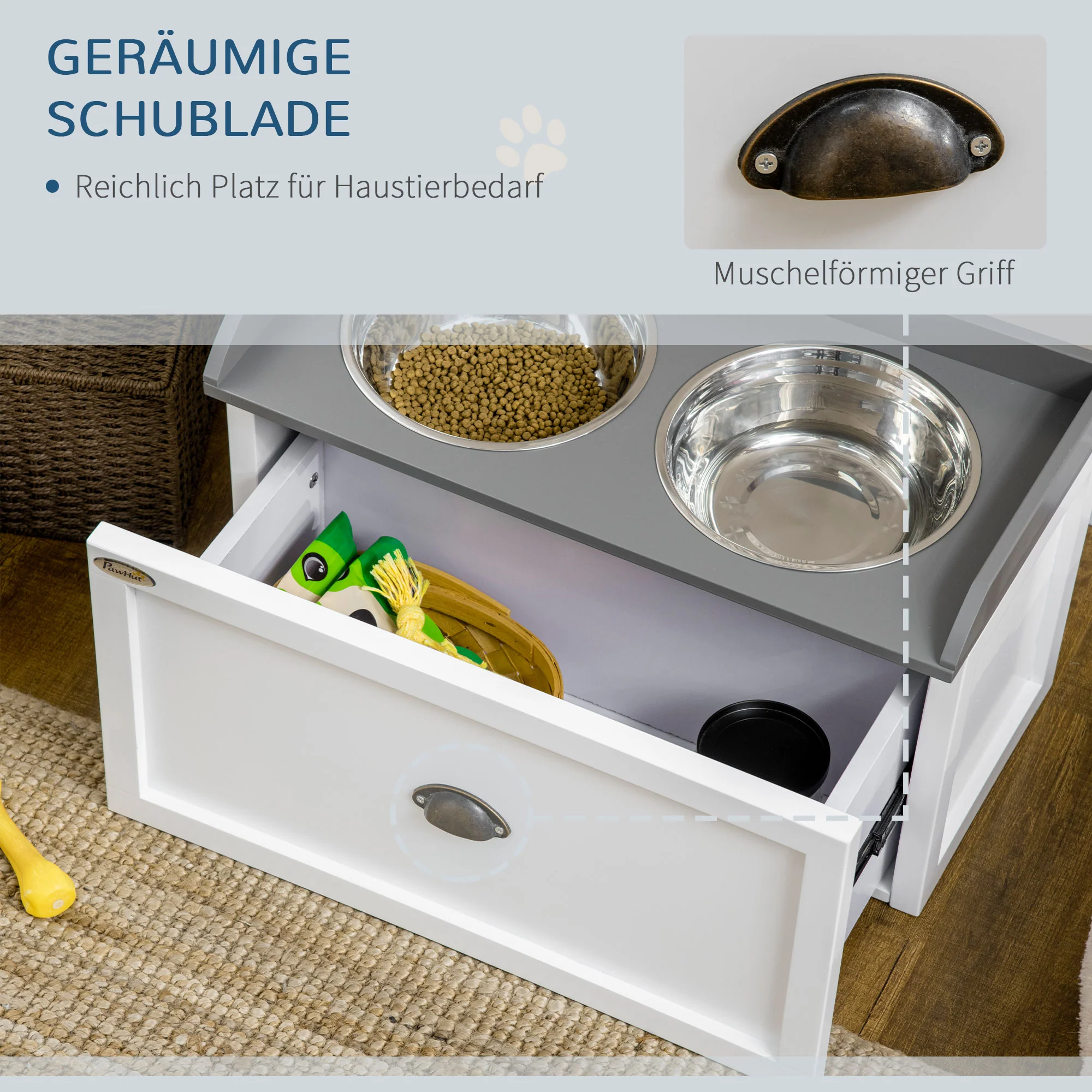 Dog Bowl with Drawer 2x2L Raised Stainless Steel Feeding Station, White - Image 5