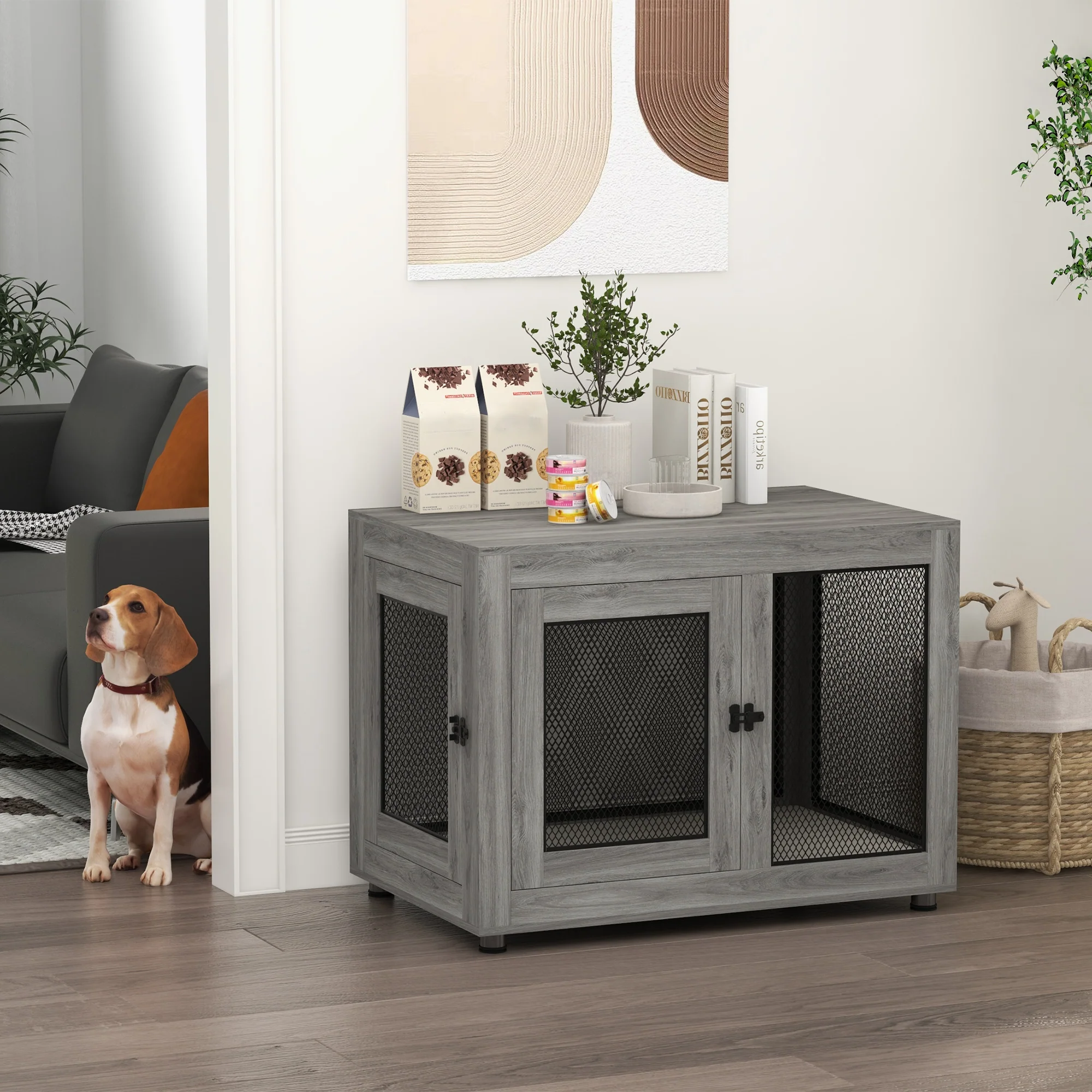 Dog Cage, 2 Doors, Washable Cushion, Adjustable Feet, Grey