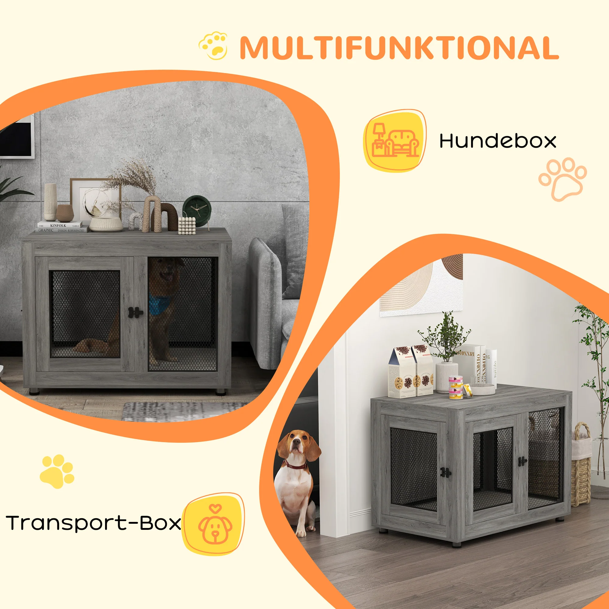 Dog Cage, 2 Doors, Washable Cushion, Adjustable Feet, Grey - Image 5