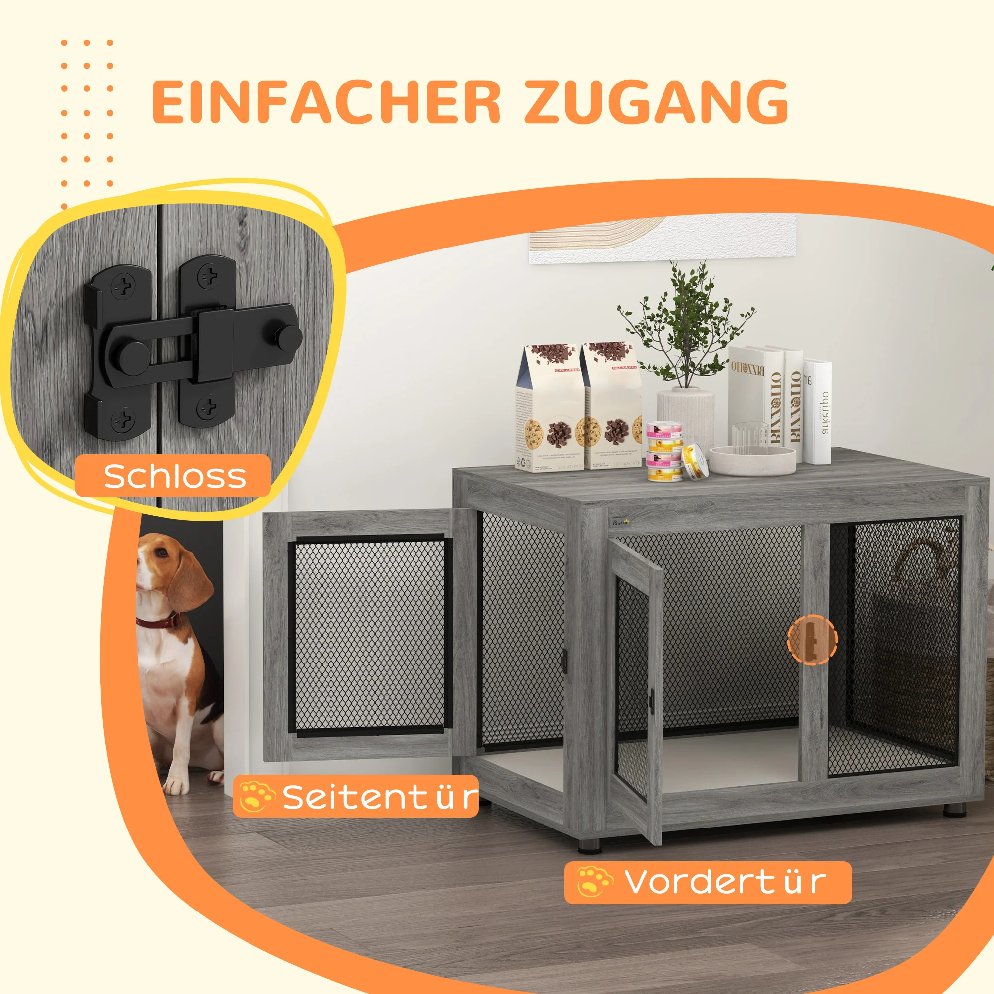 Dog Cage, 2 Doors, Washable Cushion, Adjustable Feet, Grey - Image 6