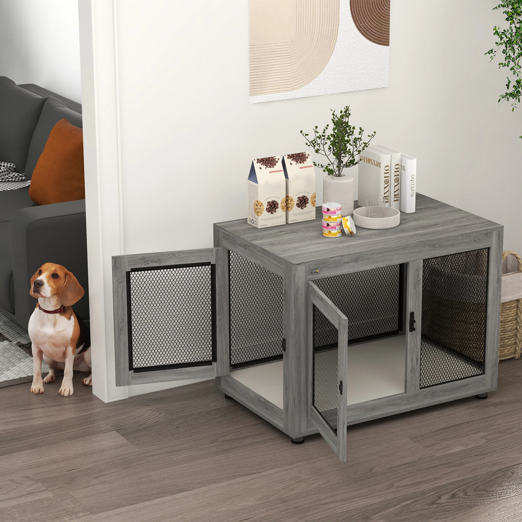 Dog Cage, 2 Doors, Washable Cushion, Adjustable Feet, Grey - Image 8