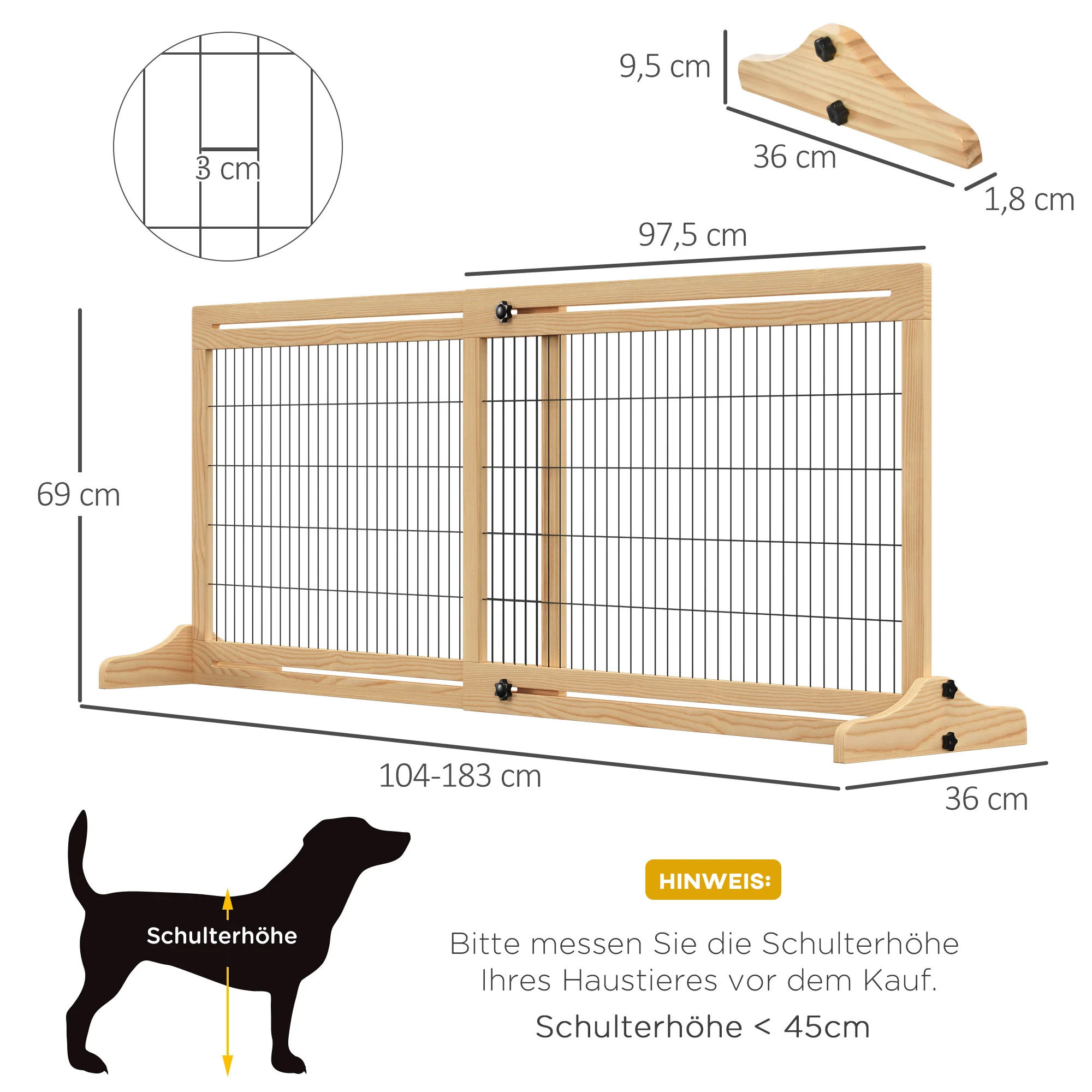 Dog Gate Door, Set of 2 Freestanding Flexible 104-183cm, Pine Wood Natural Color - Image 3