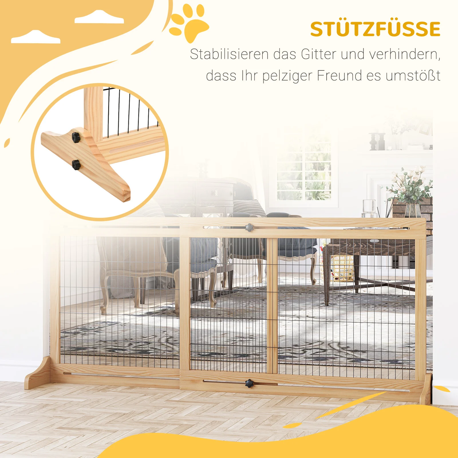 Dog Gate Door, Set of 2 Freestanding Flexible 104-183cm, Pine Wood Natural Color - Image 5