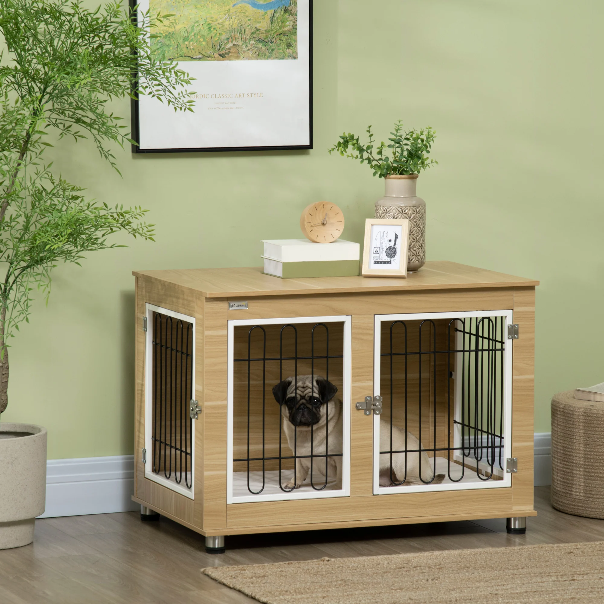 Dog Kennel, Table Top, Double Doors, Cushions, Oak