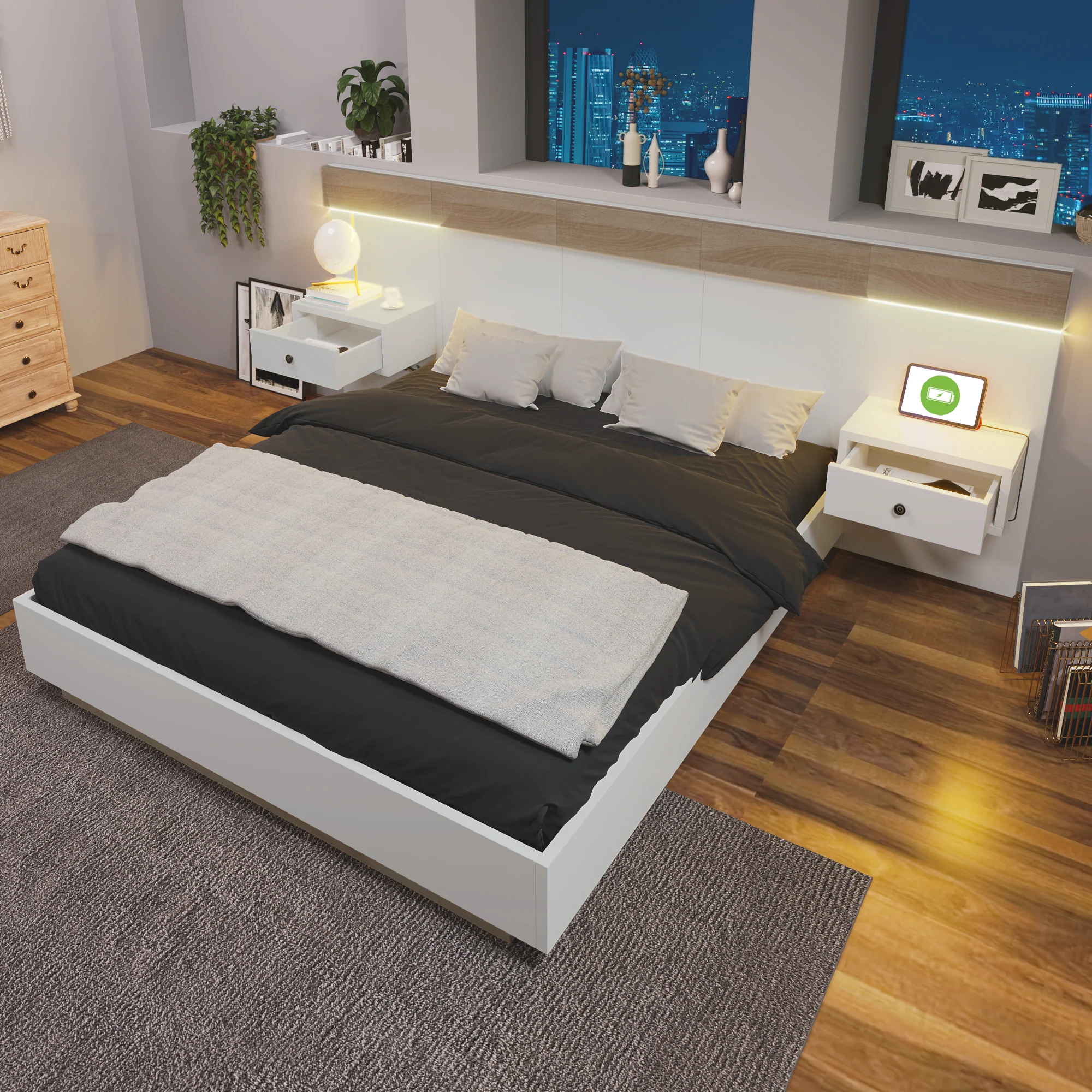 Double Bed Set, 160x200 cm, 2 LED Nightstands & USB C Socket, Wooden, Sonoma Oak/White