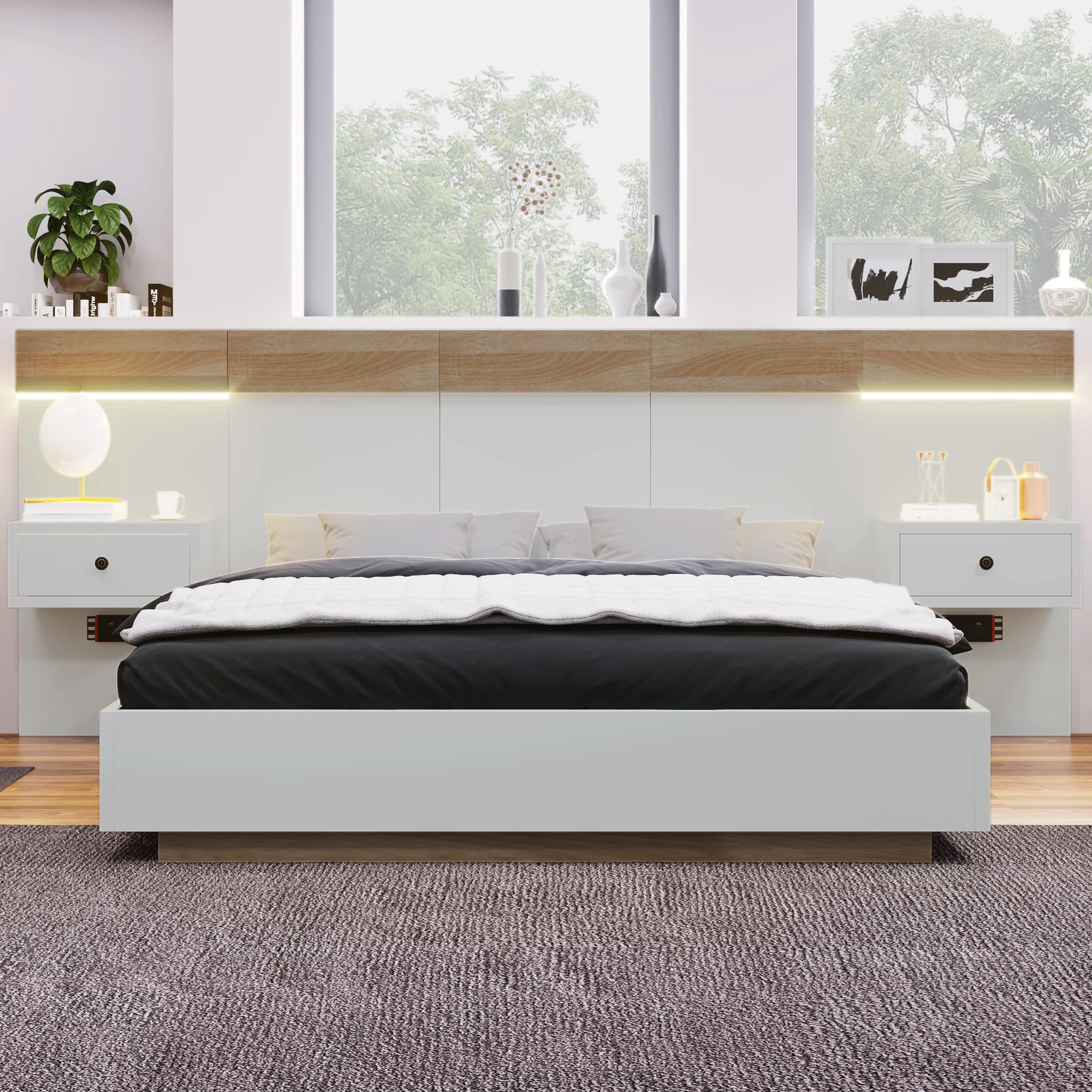 Double Bed Set, 160x200 cm, 2 LED Nightstands & USB C Socket, Wooden, Sonoma Oak/White - Image 10