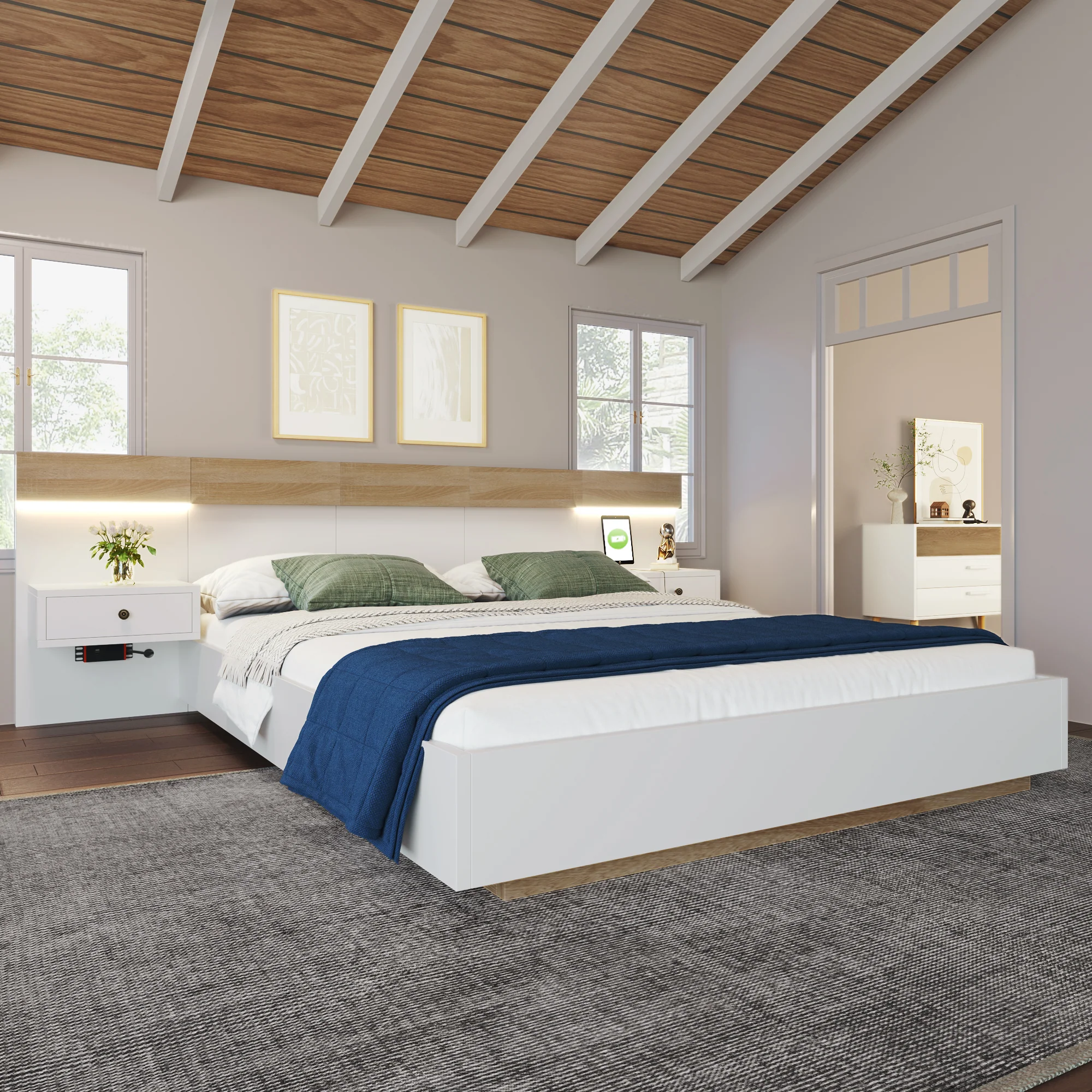 Double Bed Set, 160x200 cm, 2 LED Nightstands & USB C Socket, Wooden, Sonoma Oak/White - Image 2