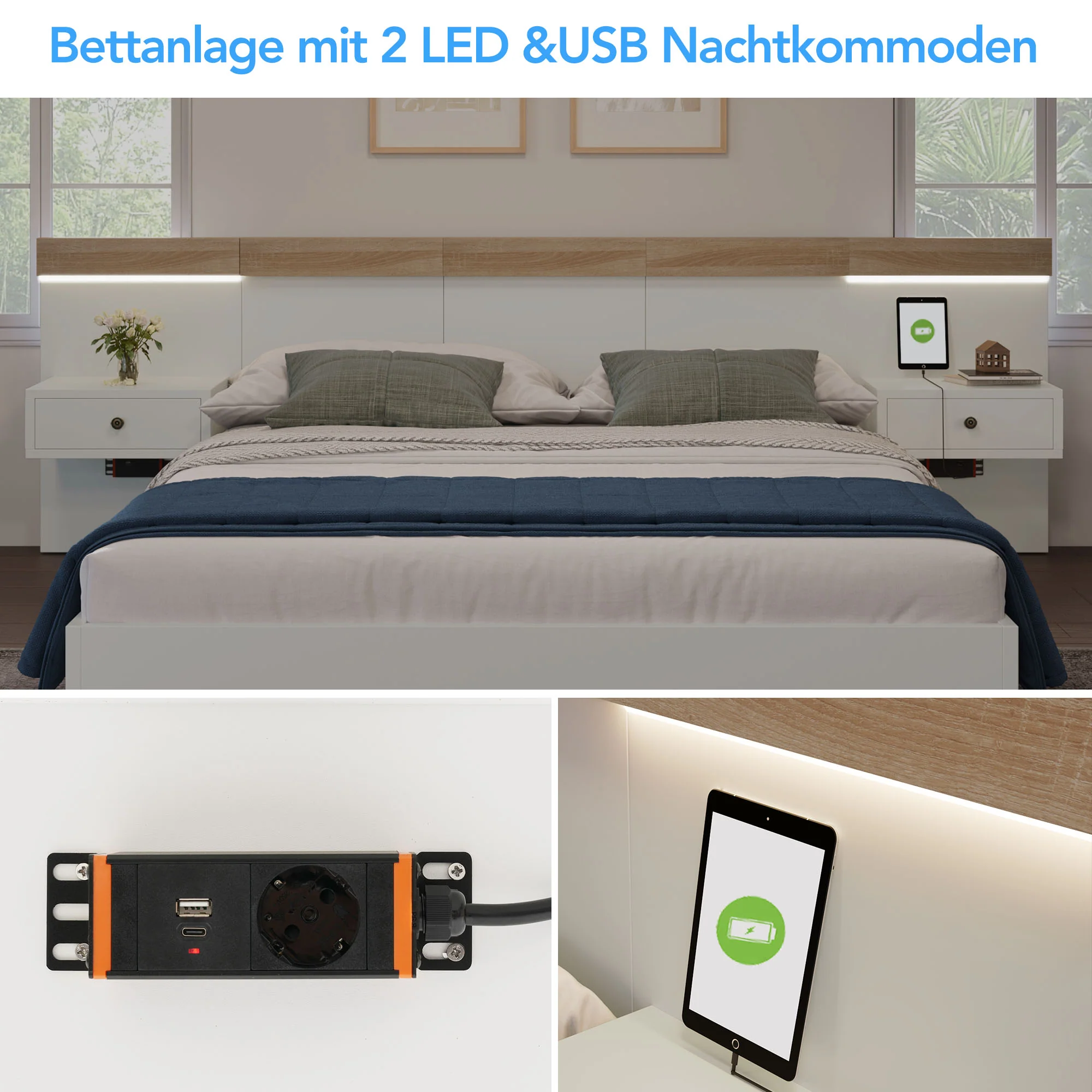 Double Bed Set, 160x200 cm, 2 LED Nightstands & USB C Socket, Wooden, Sonoma Oak/White - Image 4